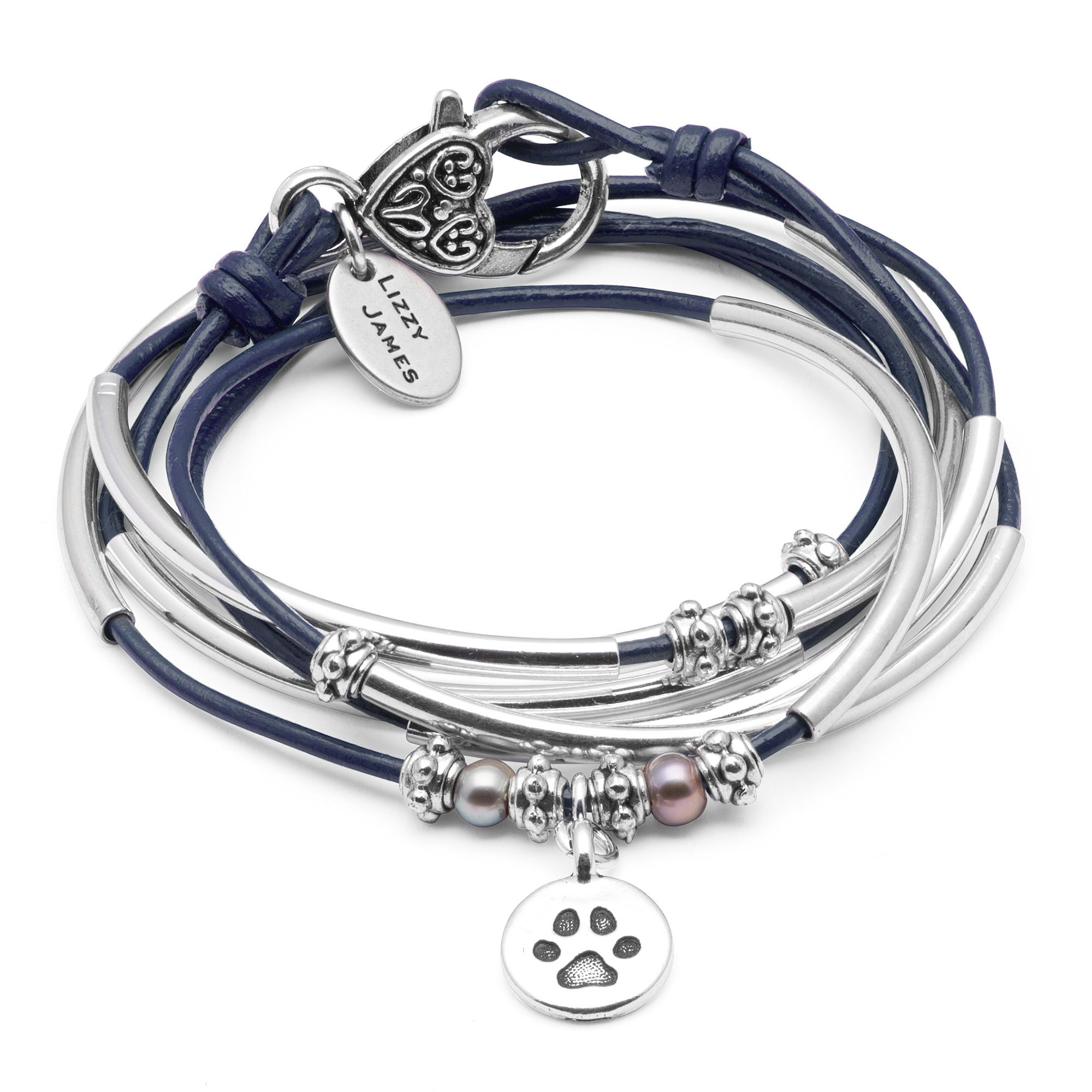 Charmer Gloss Navy Leather Wrap Bracelet Necklace w Paw Charm in Silver w Freshwater Pearls