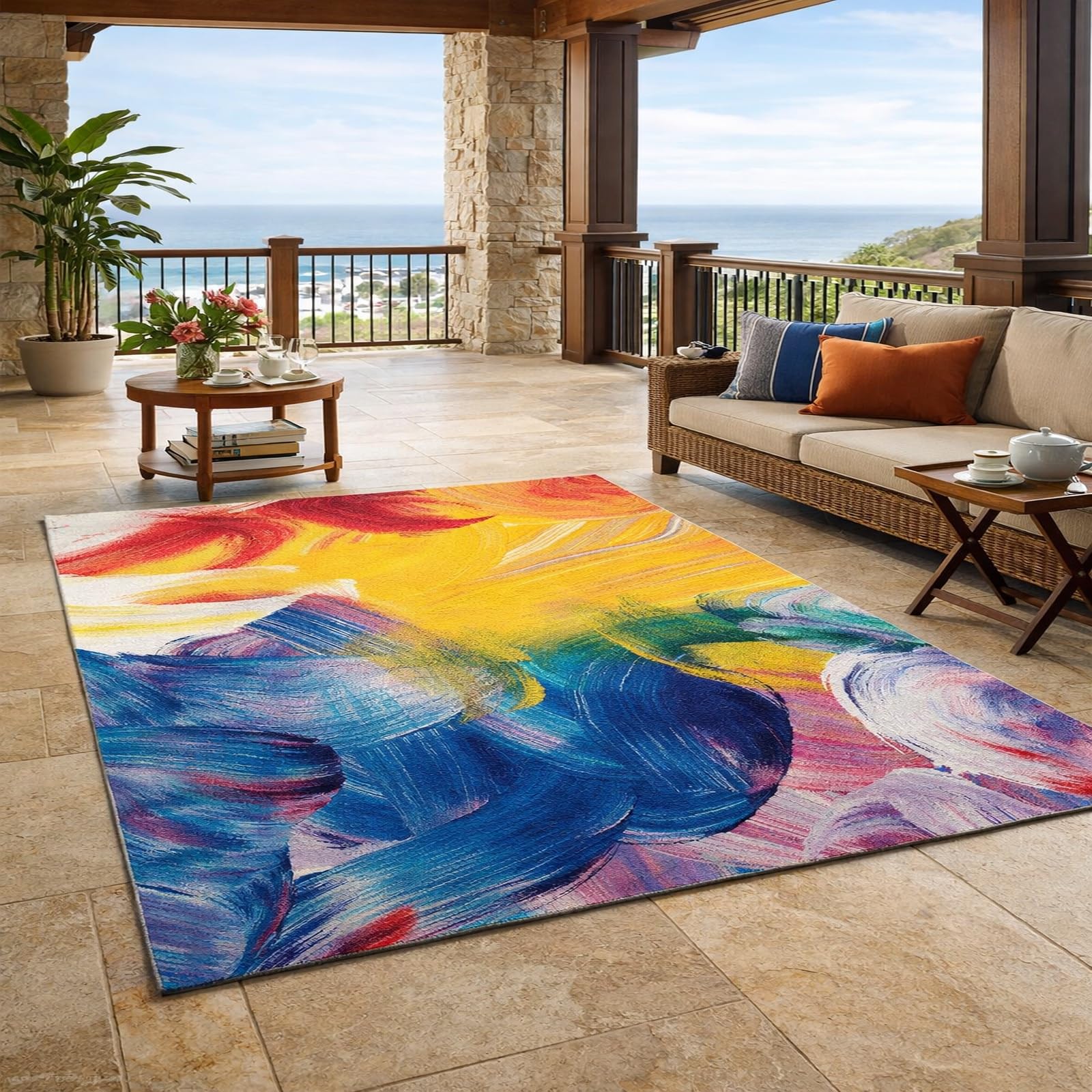 Tapis de salon moderne multicolore à poils courts facile à nettoyer pour grand séjour