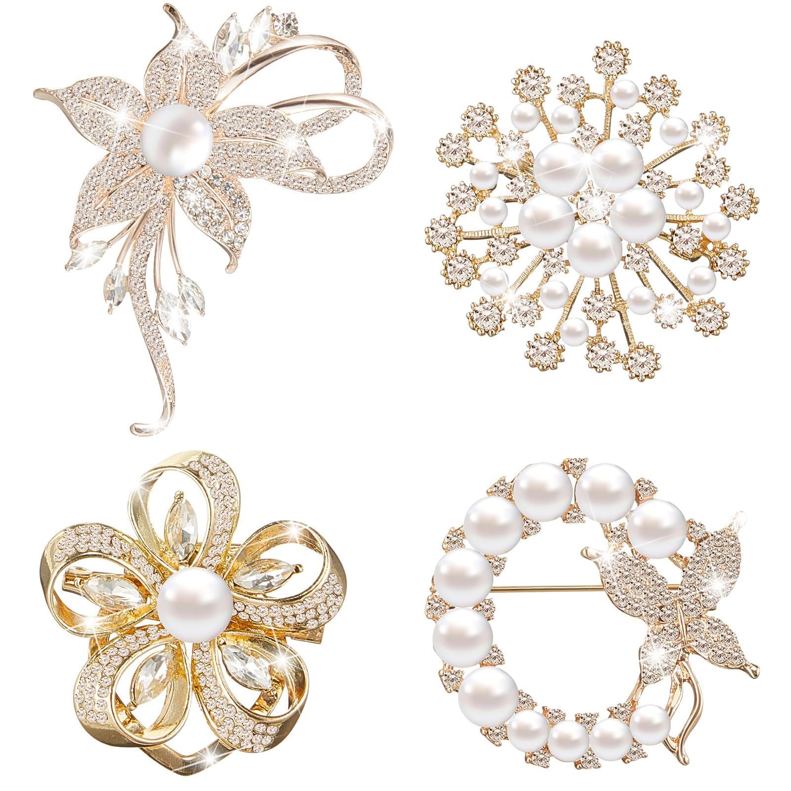 Brooches For Women, 4 Elegant Brooches in Gold & Rose Gold with Pearls and Crystals, Pins for Neckline Adjustment & Decoration