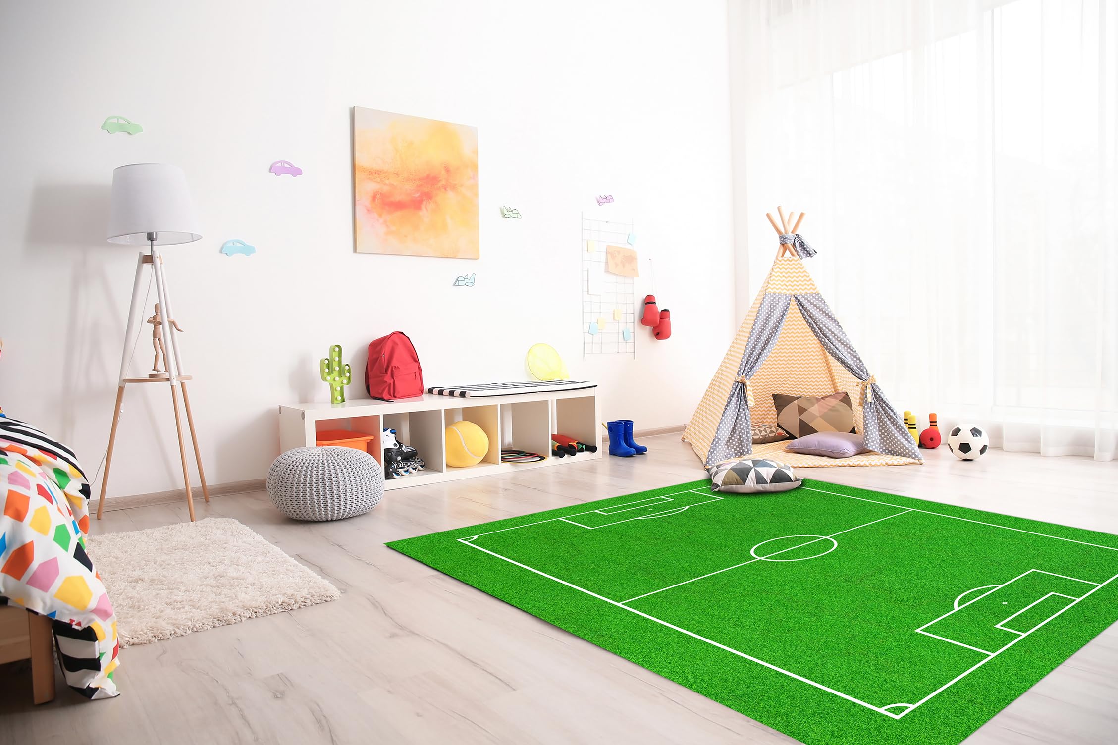 Tapis En Vinyle Pour Enfants - Motif Terrain De Football B - 200x125 Cm - Lavable, Antidérapant, Pour Chambre