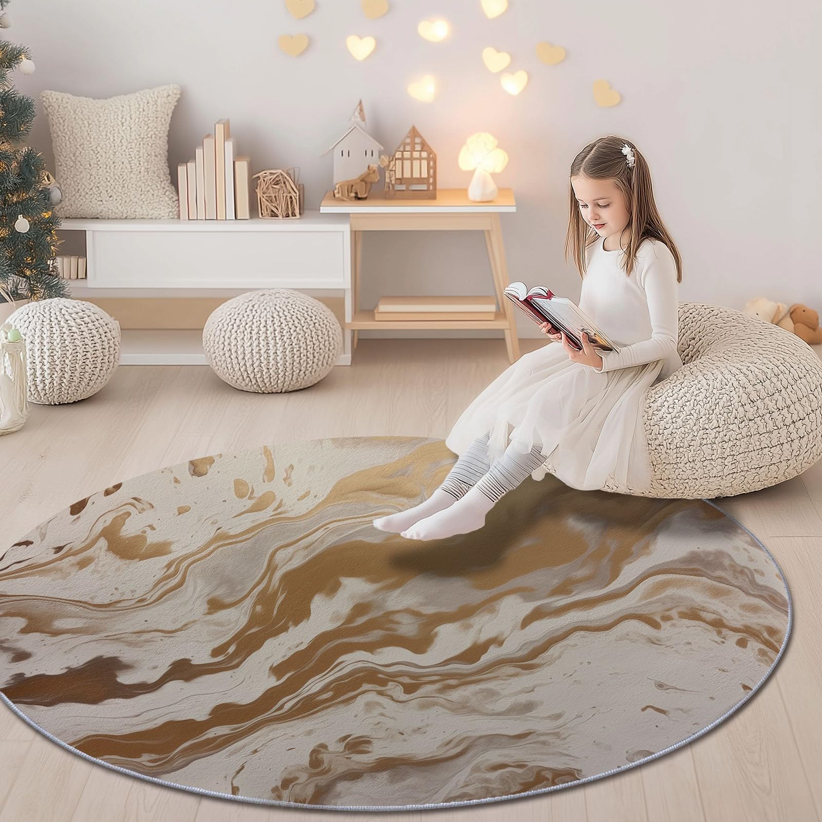 Flauschiger Runder Teppiche Runder 160 cm, Weicher Plüsch Teppich für Schlafzimmer Wohnzimmer - Abstrakt Marmorstruktur Flüssigkeit Farbverlauf Bedruckter Kinderteppich Kuscheliger Teppich Beige