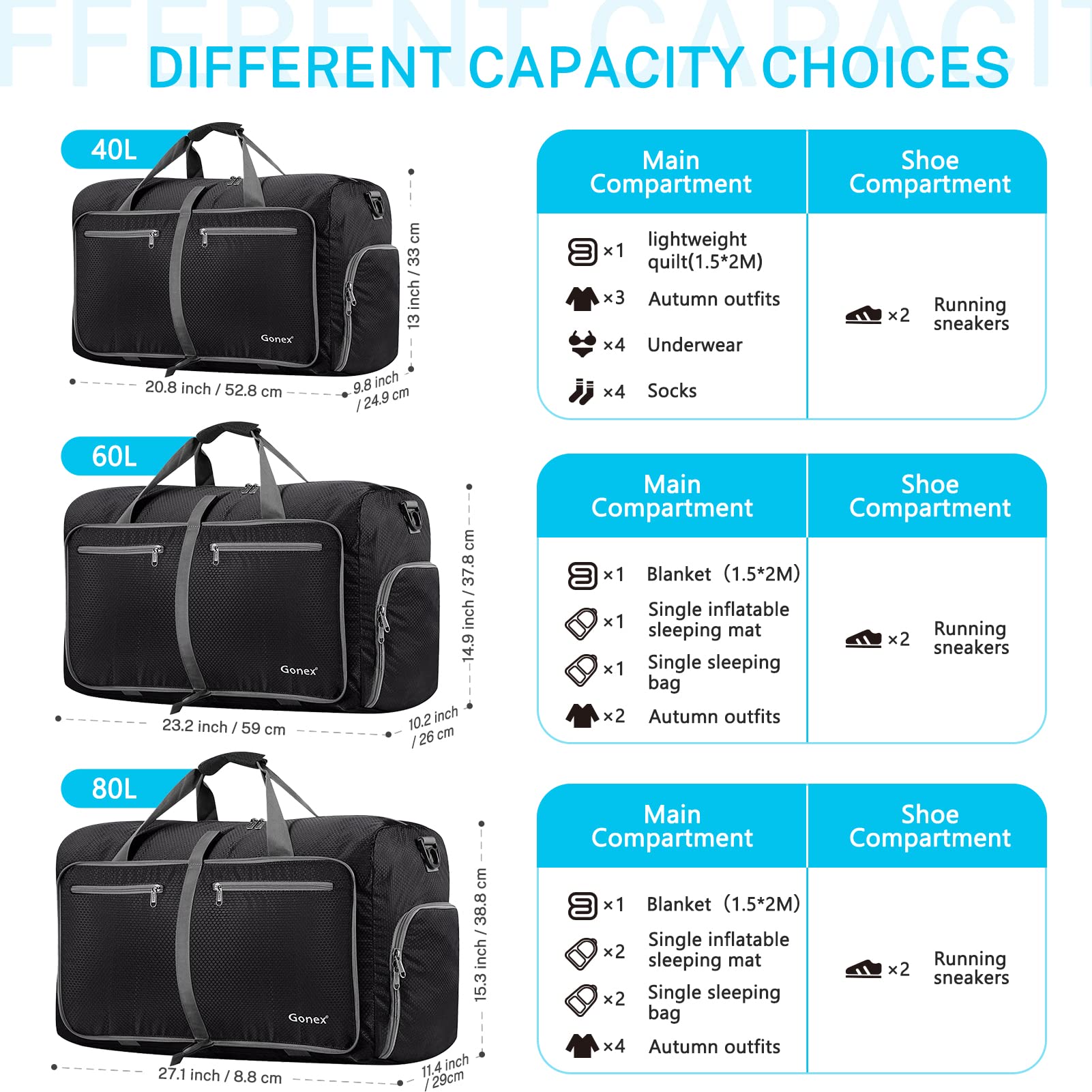 Gonex Sac de voyage / de sport / de gym léger pliable 80 l, Schwarz
