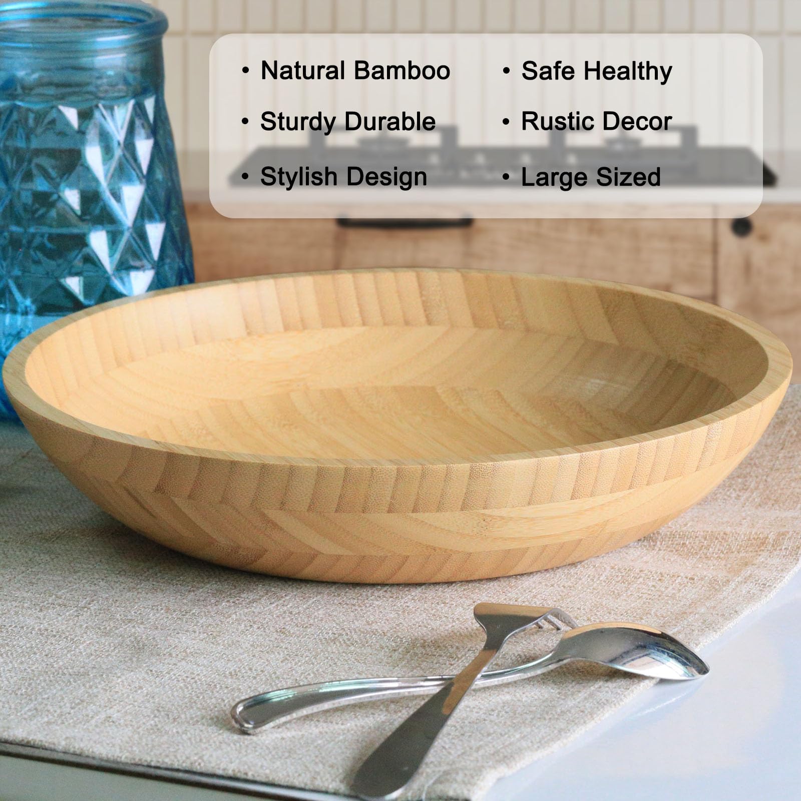Ensaladera de bambú, cuenco grande de 12 pulgadas para encimera de cocina, cuenco grande de madera de bambú para aperitivos, postres, aperitivos, nueces, sopa, cuenco decorativo de granja para