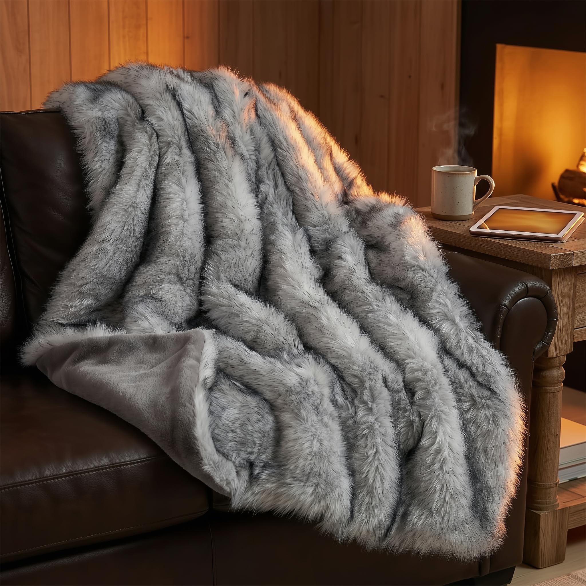 Hyde Lane Long Pile Faux Fur Throw Blanket Luxury Fluffy with Black Tipped Throws for Home Couch Sofa