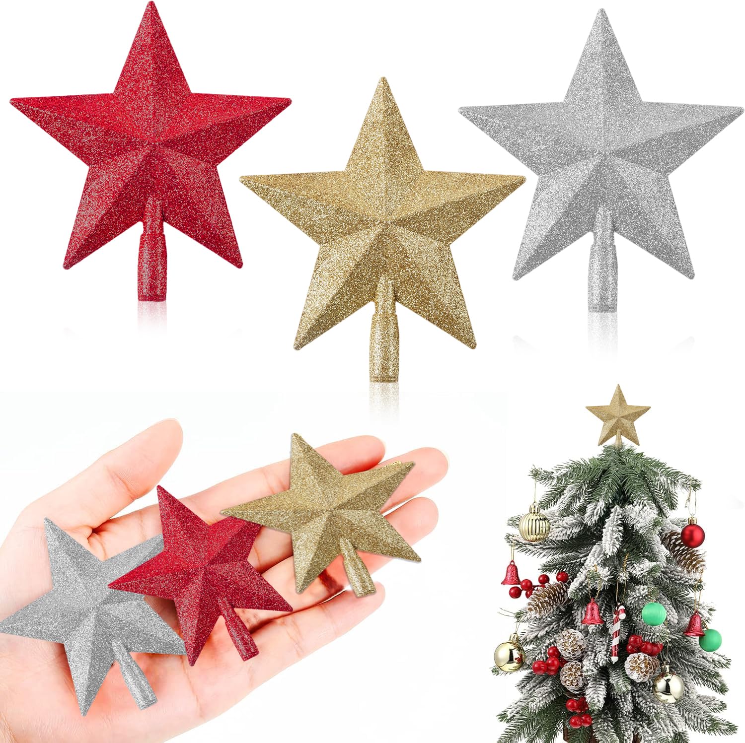 3PCS Small Christmas Tree Topper, 10cm Mini Star Treetop for Small Christmas Ornaments, Decorative Xmas Home Decorations