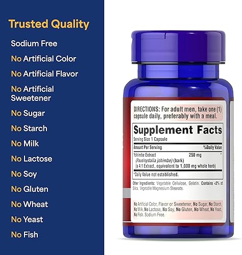 Vista 6 de Puritan's Pride Yohimbe - Hierba exótica para hombres 250 mg (equivalente a 1000 mg), suplemento dietético, 50 cápsulas de liberación rápida