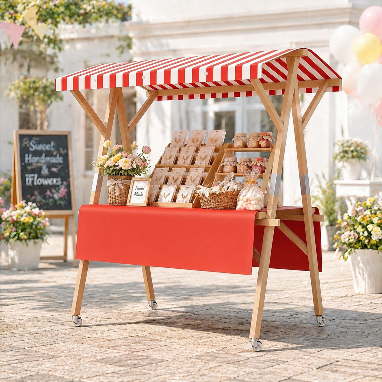 COAKUE Portable Foldable Wooden Farmers Market Stand on Wheels with Awning, Outdoor Vendor Cart Roadside Farm Stand for Roadside Vending, Markets & Craft Fairs RedA-120cm/47.2in
