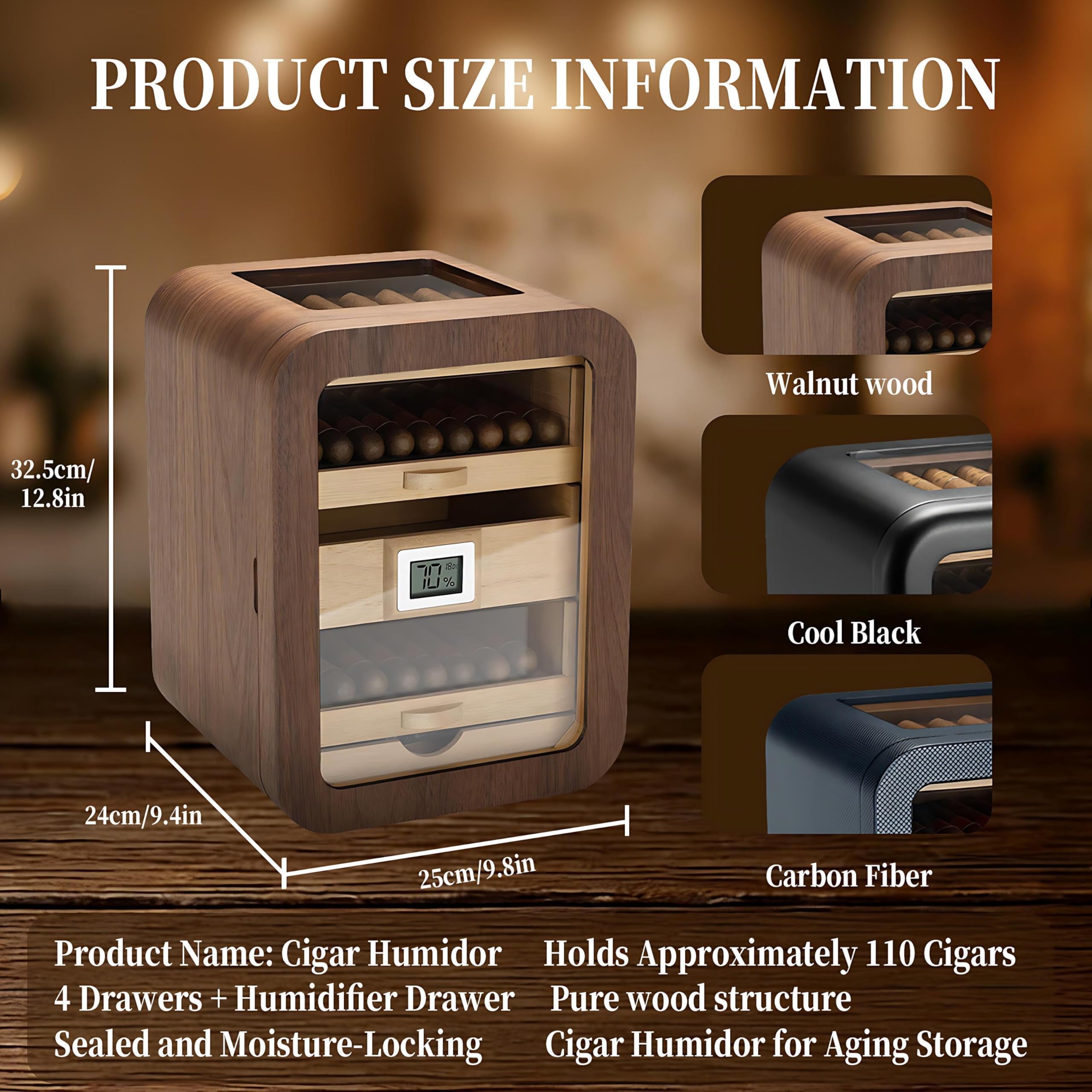 Humidor Na Cygara, Szuflada Z Drewna Cedrowego, Mieści Około 110 Cygar, Uszczelniony I Chroniący Przed Wilgocią, Okno Z Wysokiej Przejrzystości,Do Użytku Domowego,Biura Withsunroof-Carbonfiber