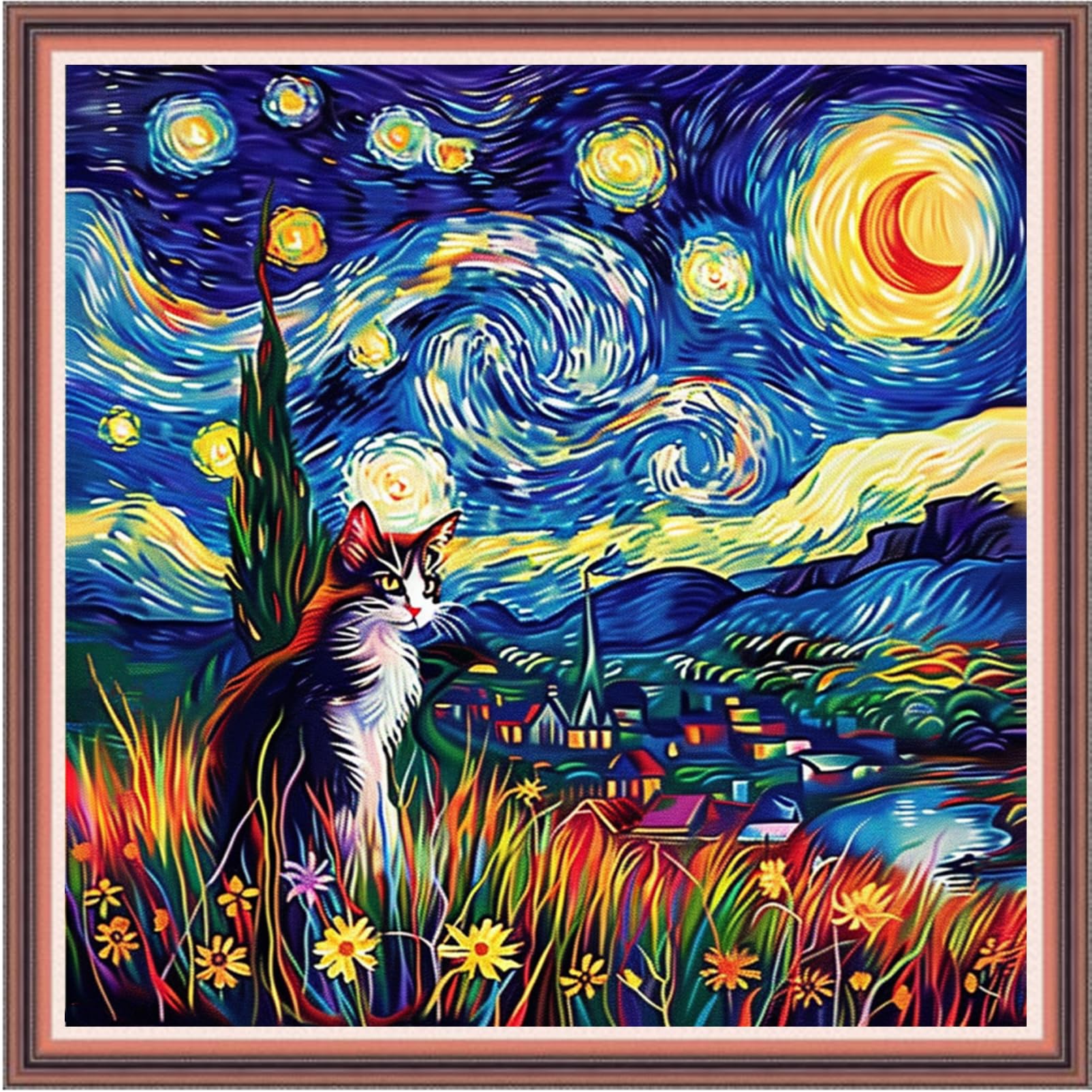 Dooxvey Cross Stitch Kits for Adults Beginners,Full Range of Cross-Stitch Stamped Kits Needlepoint Kits for Beginners Embroidery Kits 11CT Cross Stitch Patterns-Cat Van Gogh's Starry Night. 18x18 inch