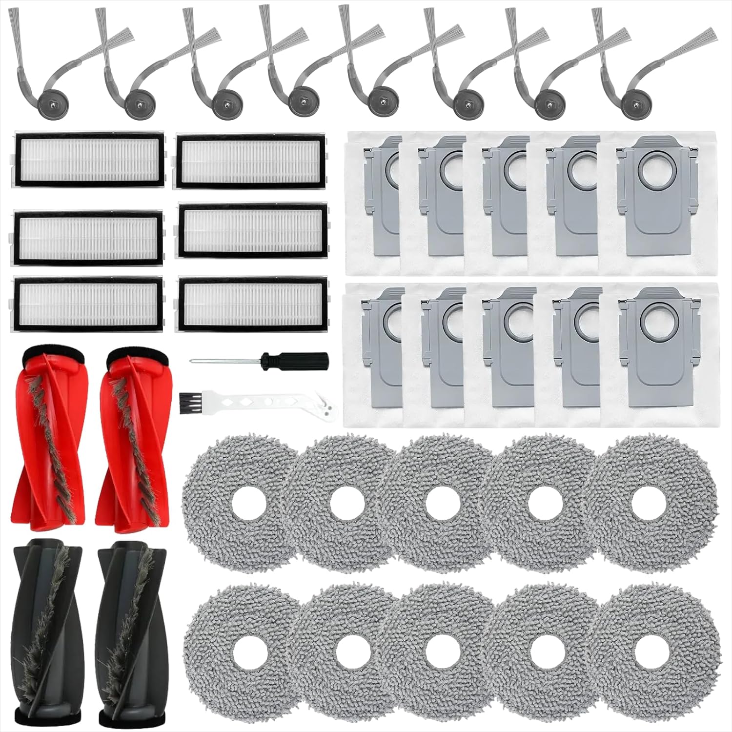 40 Pack Replacement Accessories for Roborock Qrevo Curv/Curv S5X/Edge/S5V Robot Vacuum Cleaner ,2 Pairs Mainbrush ,6 Filters ,10 Dust Bags,10 Mop Pads ,8 Side Brushes,2 Cleaning Brush,1 Screwdriver