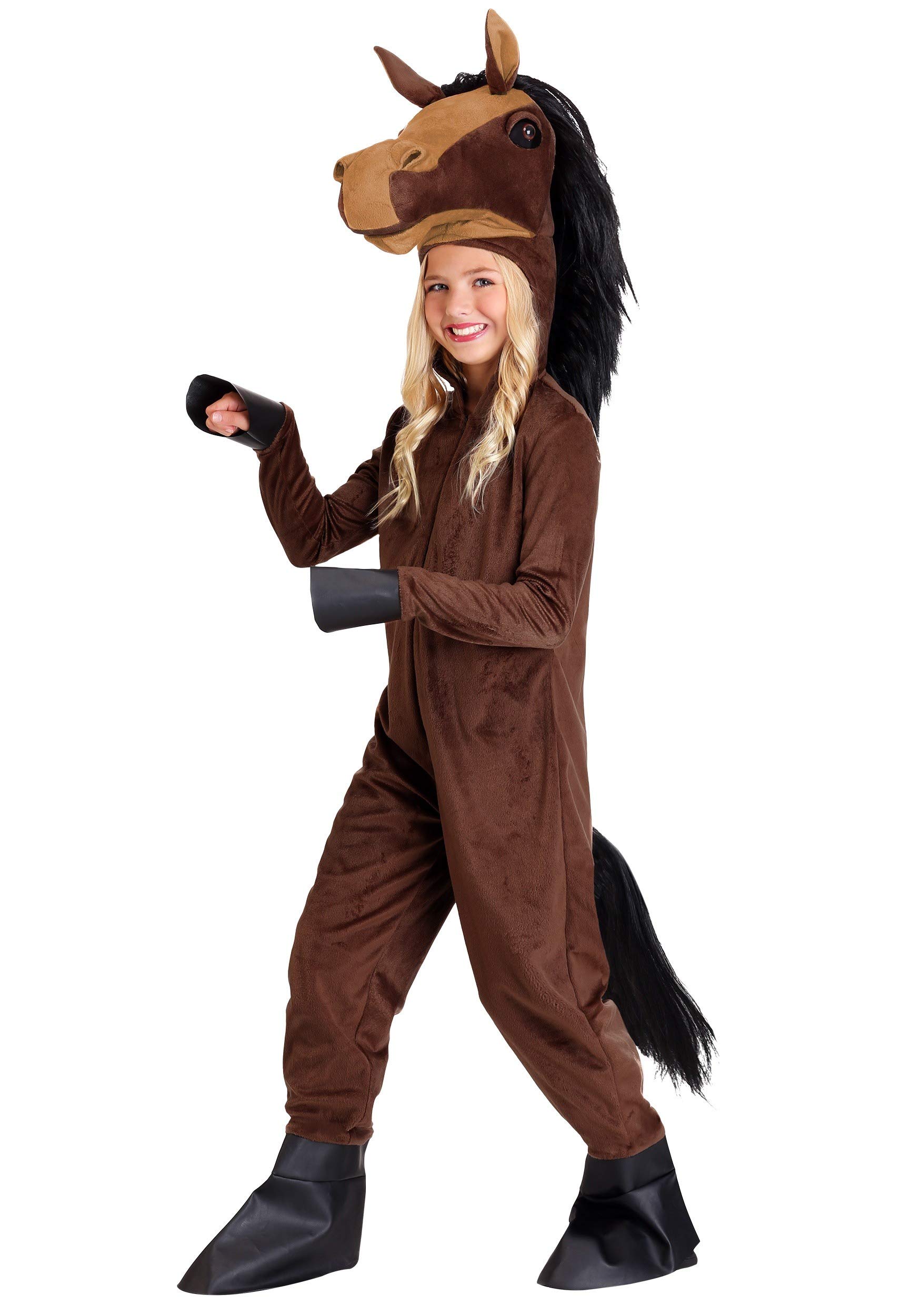Kid's Horse Halloween Costumes, Children's Farm Animal Outfit, Zipper Jumpsuit, Stuffed Horse Head Hood