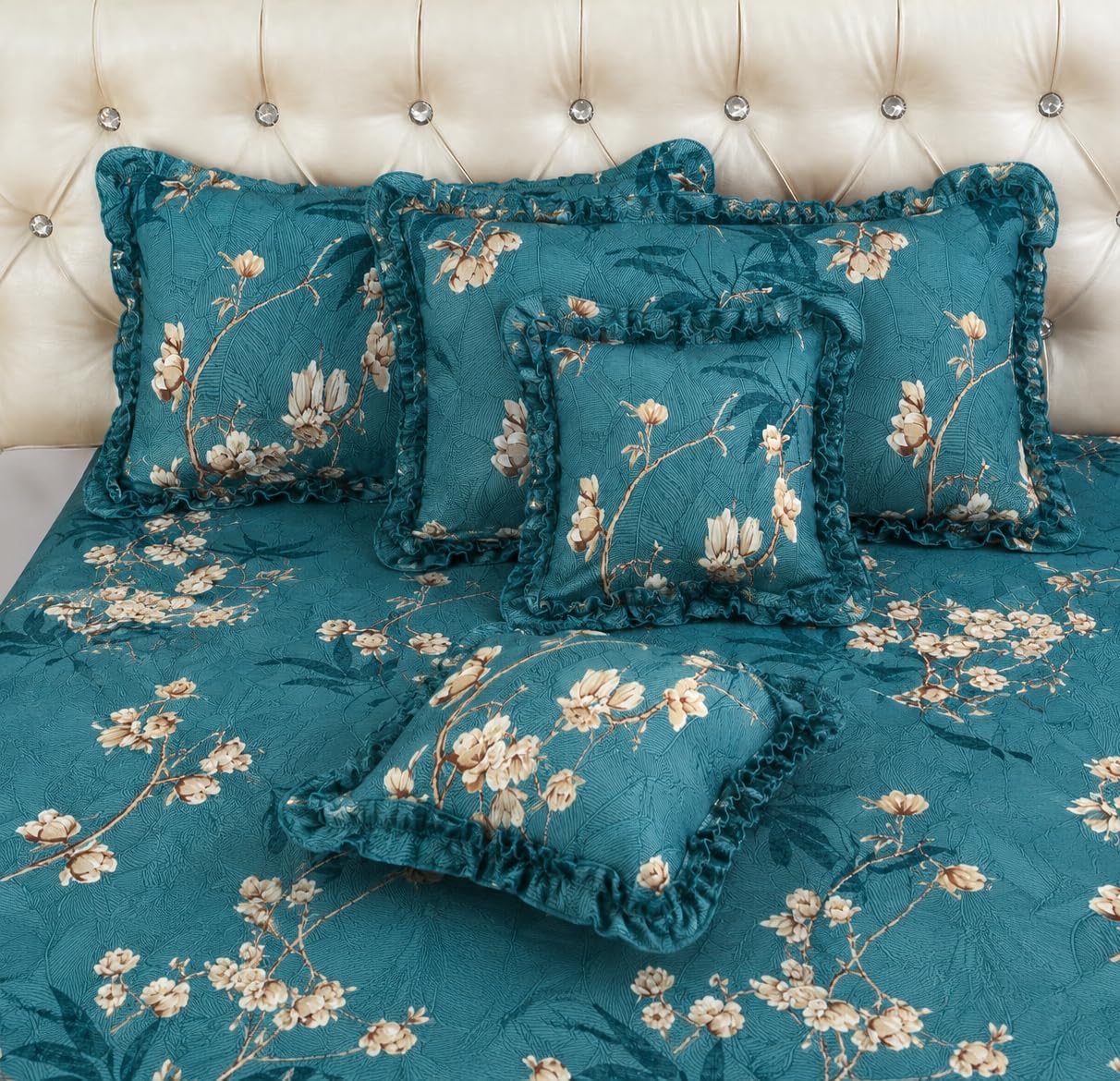 Vram Premium 5 Pcs Bedding Set Heavy Cotton Flat Bedsheets with 2 King Size Frill Pillow Covers and 2 Frill Cushions| 90 x 100 Inch King Size Flat | Cushion Size 12 x 12 Inch | :- Green Flower-image-38