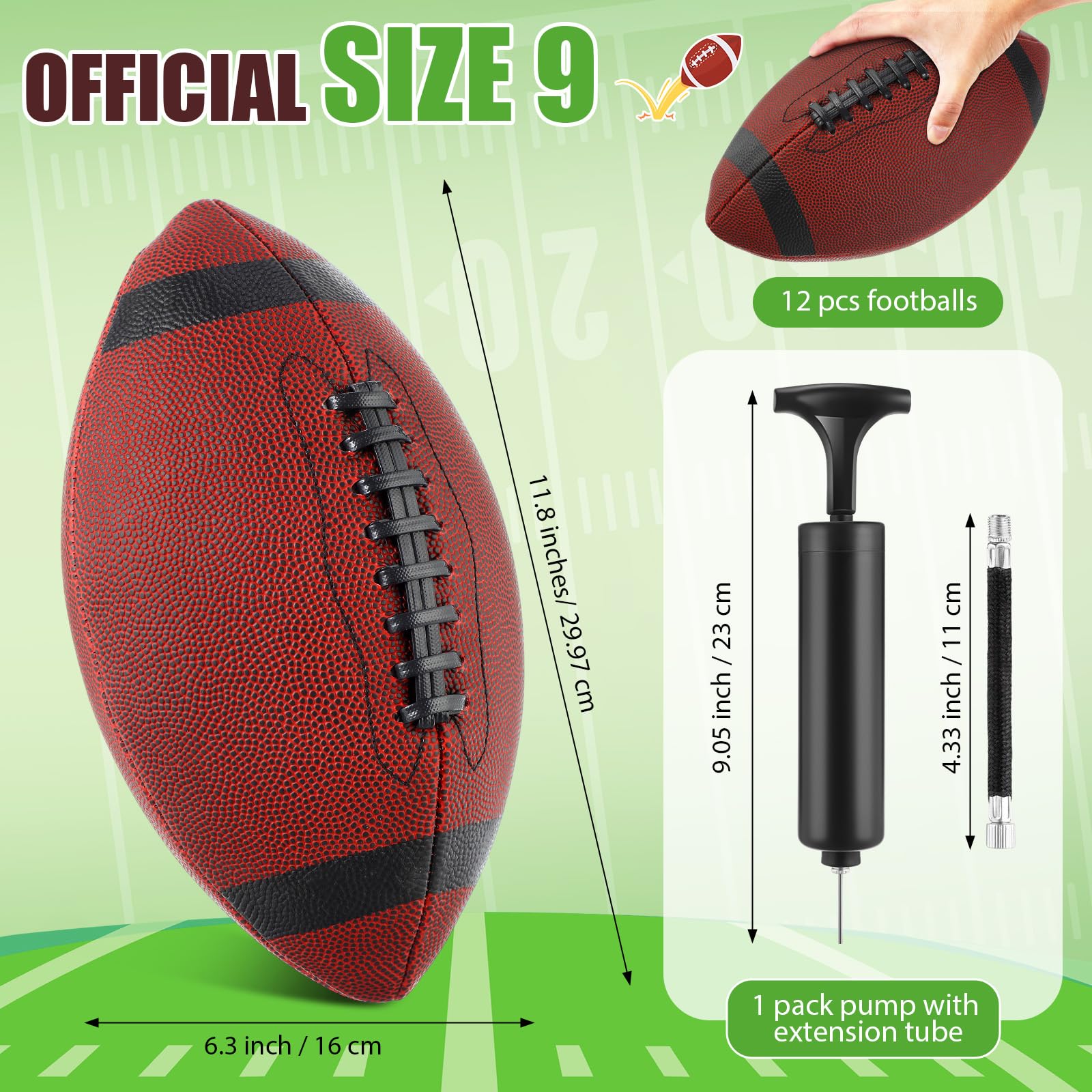 Jerify Fußballbälle aus Verbundleder, Größe 9, offizielle Größe, aufblasbarer Fußball mit Pumpe, für drinnen und draußen, Highschool, College für Training, Freizeit, Spielen, 12 Stück