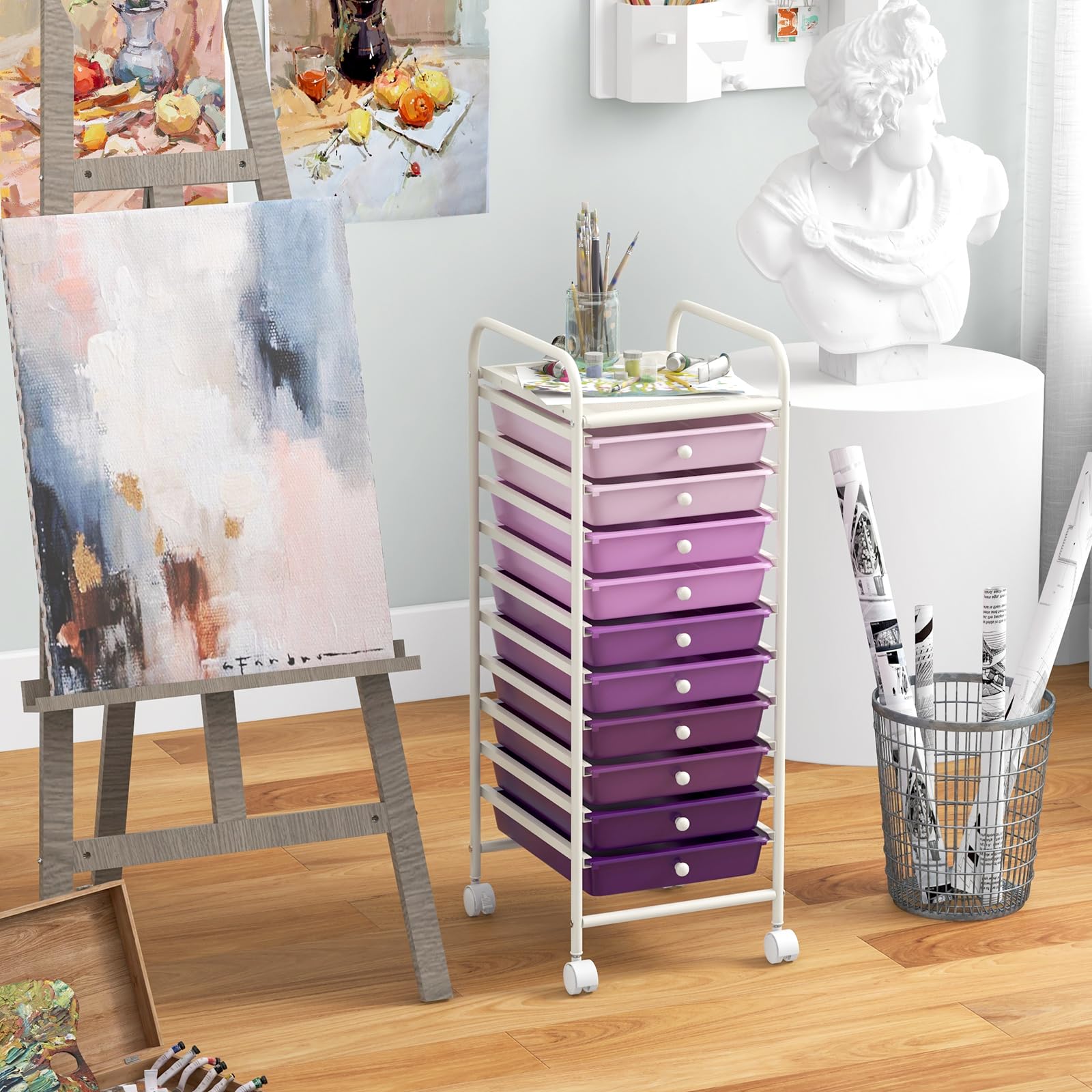GOPLUS Carrito Auxiliar con 4 Ruedas, Carro de Servicios con 10 Cajones, 2 Ruedas con Frenos, Carro de Almacenamiento de Estructura Metálica para Cocina Oficina Baño (Violeta)