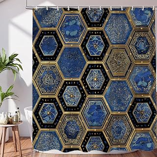 BaoNews Lapis Lazuli Micro Calligraphy Hexagonal Decor Shower Curtain Set, Traditional Amulet Motifs Polyester Shower Curtain for Shower Stall Bathroom Waterproof with 12 Hooks 72x72 Inch