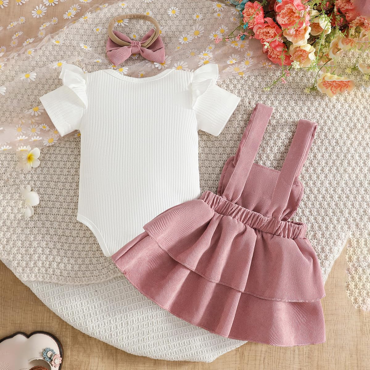 JENJON Baby Mädchen Sommer Röcke Sets Kleid Säugling Kurzarm Geripptem Oberteil mit Schleife/Plaid Cord Hosenträgerrock Set 3-teiliges Outfits - 4