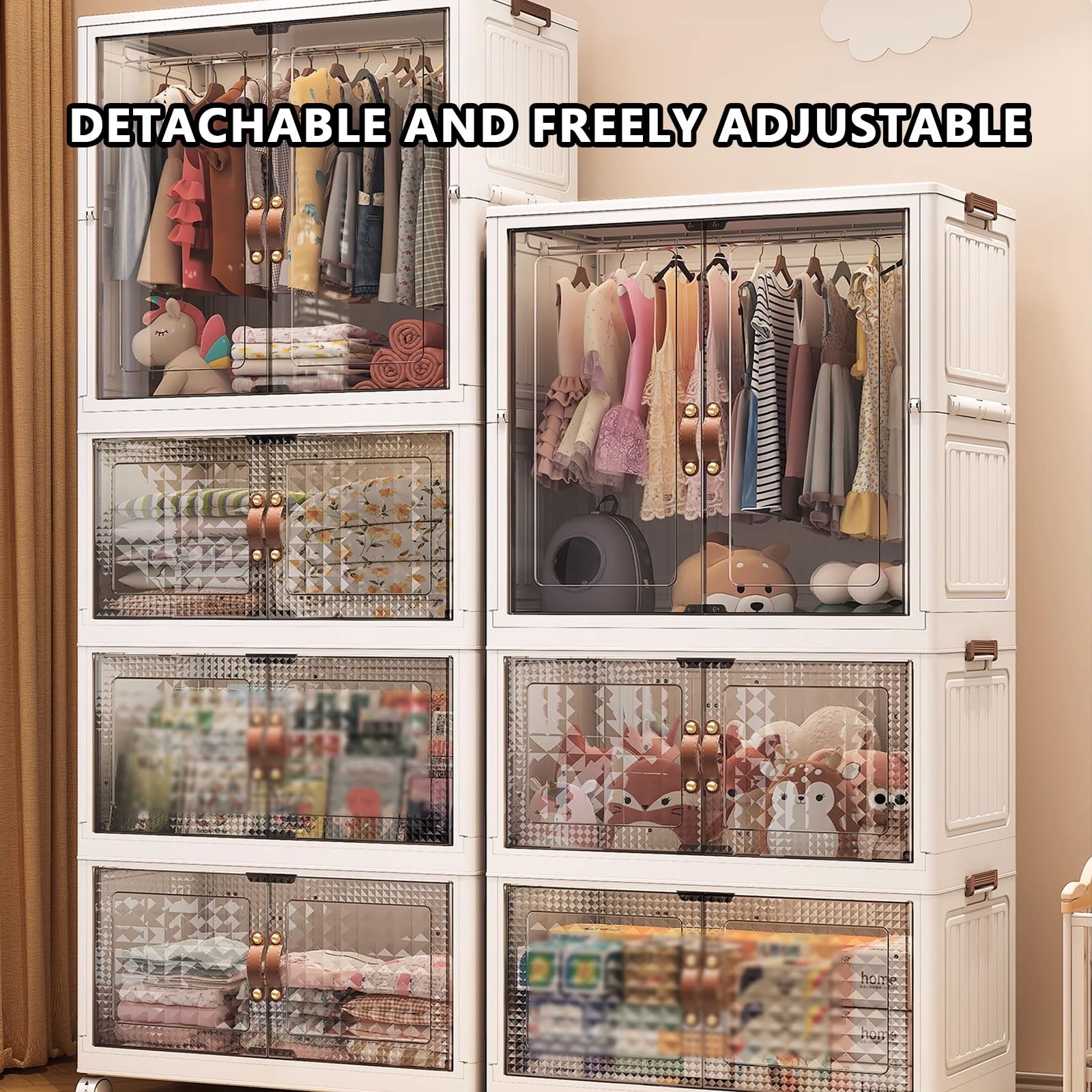 Organizer pieghevole con ruote e ante magnetiche, armadio trasparente, 6 scomparti modulari, combinabile liberamente