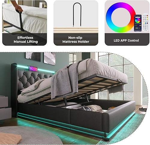 Miniatura 229 de Base de cama LED tapizada tamaño Queen, plataforma flotante de terciopelo con cabecero, MDF moderna y cama de madera contrachapada (beige-081)