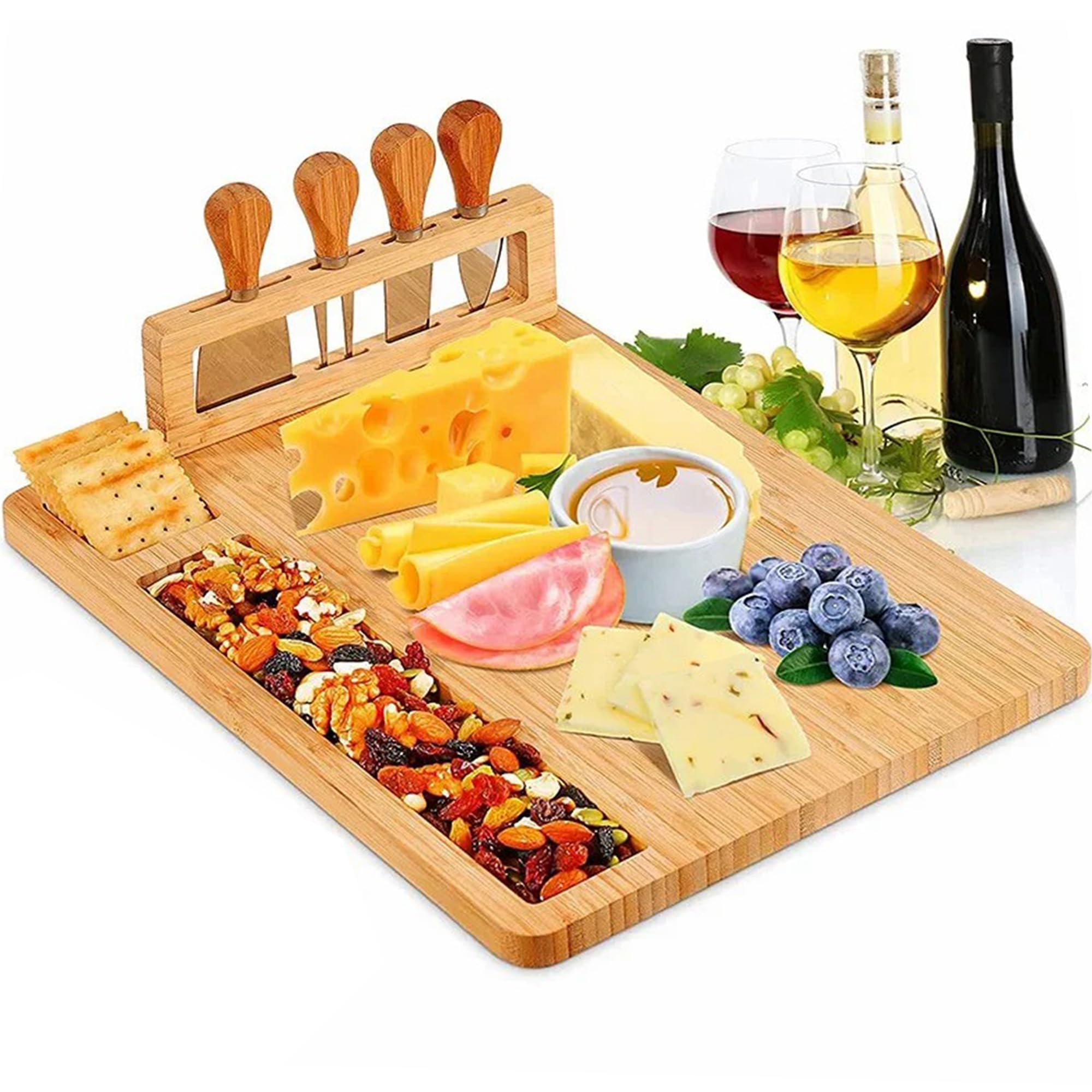 Charcuterie Tray Set - Wooden Cheese Board Gift Set Includes 2 Knives and 1 Fork for Serving Crackers & Salami
