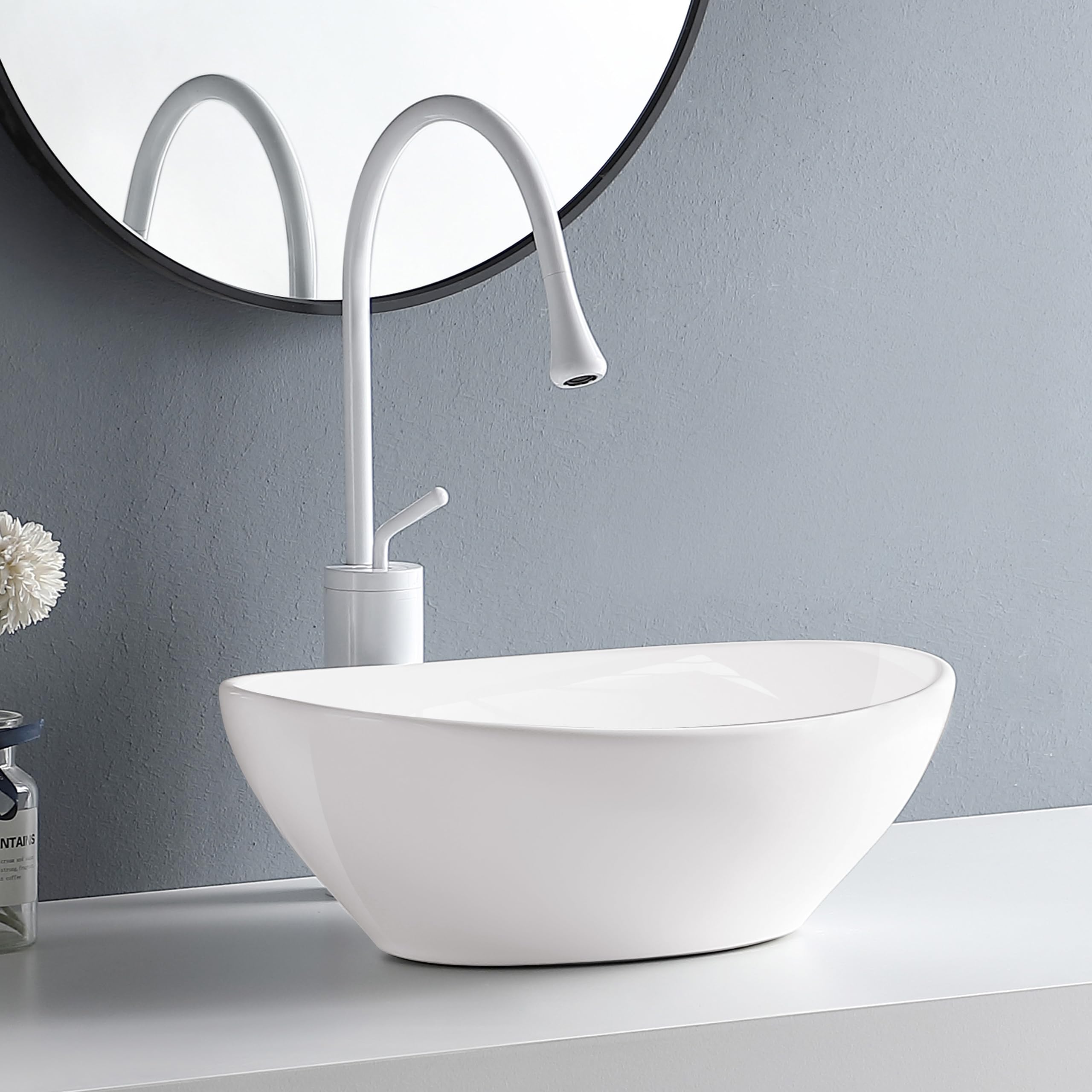 AQUAUNO GOYA Lavabo Ovalado de Cerámica Blanca 42 x 33 cm sin Orificio para Grifo y Rebosadero para Baño y Aseo de Invitados