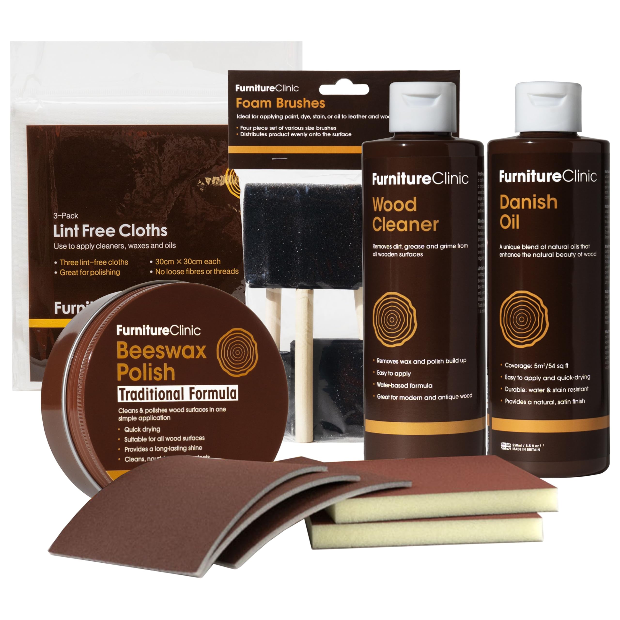 Ultimatives Holzpflege-Set, zum Reinigen, Ölen und Wachsen aller Holzartikel wie Möbel, Arbeitsplatten und Türen Enthält 250 ml Holzreiniger, 250 ml Bienenwachs, 250 ml dänisches Öl