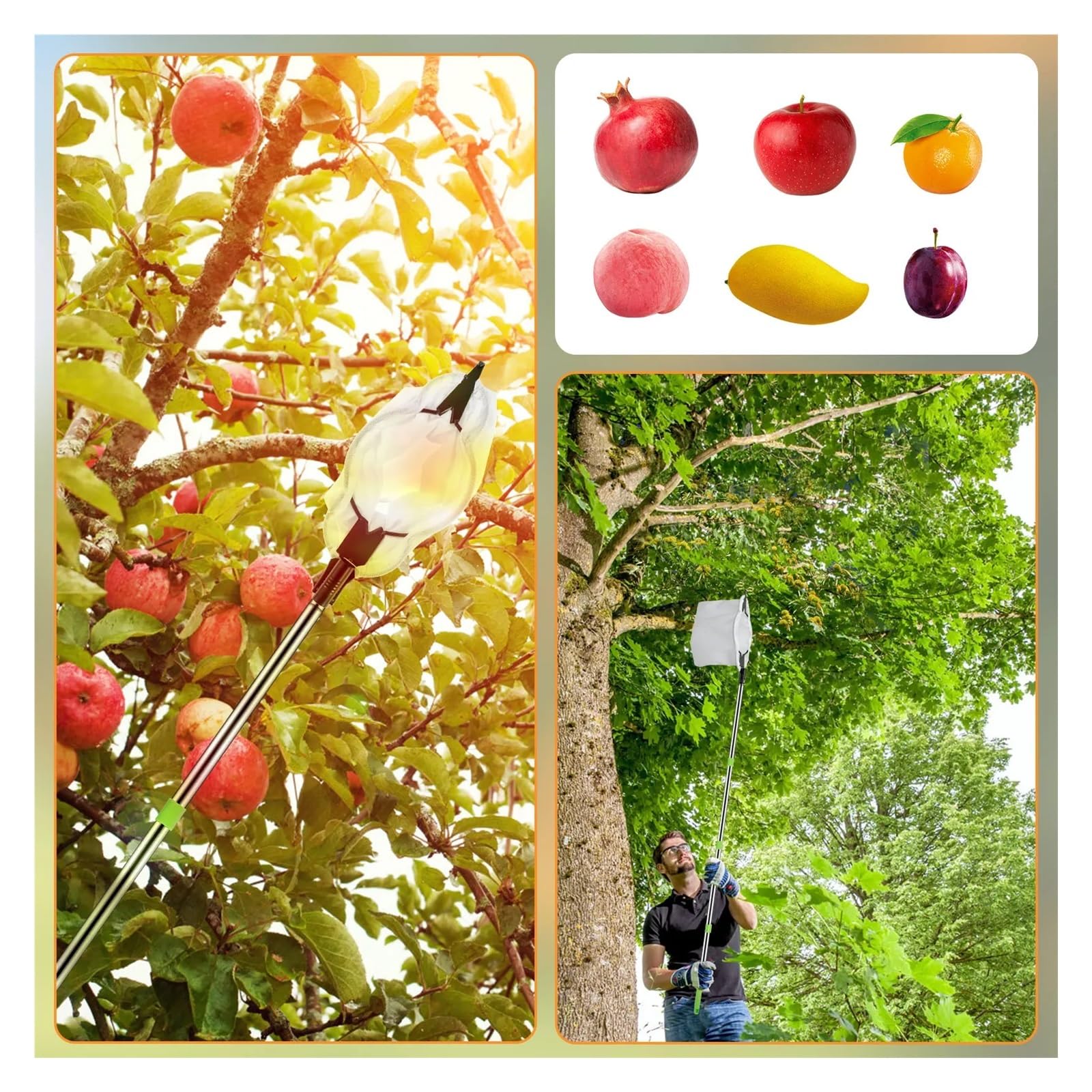 Cueille Fruit Telescopique Cueilleur de Fruits en Acier Inoxydable 1,6/2 m avec Sac Rangement(1 Set 1.6M)