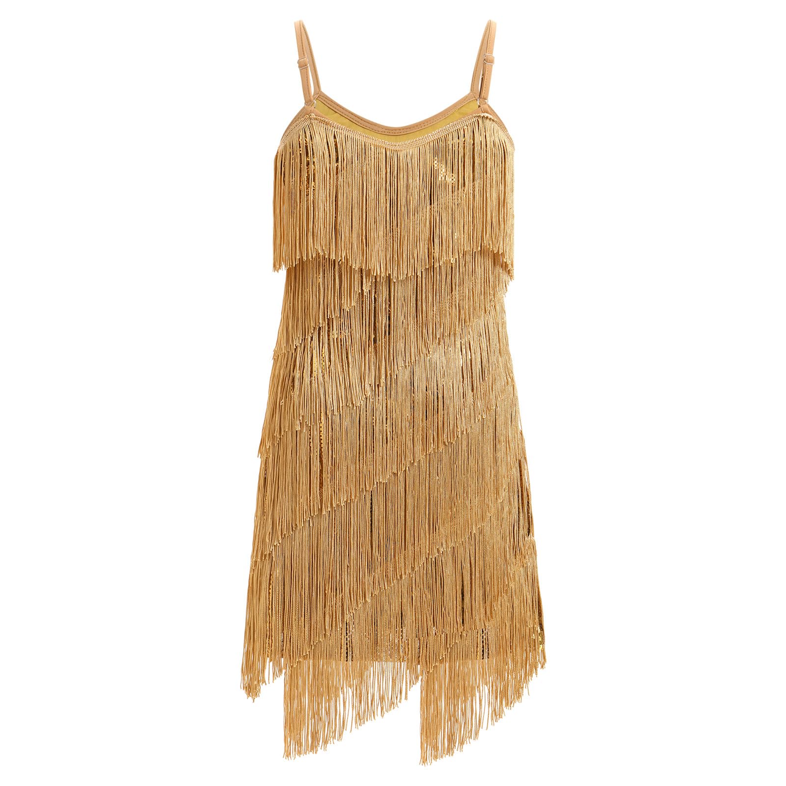 OMEWEE Vestito da bambina con paillettes nappa, abito latino, senza maniche, con spalline sottili, frange, con brillantini, ballroom, feste, balletto, rumba samba cha cha, jazz
