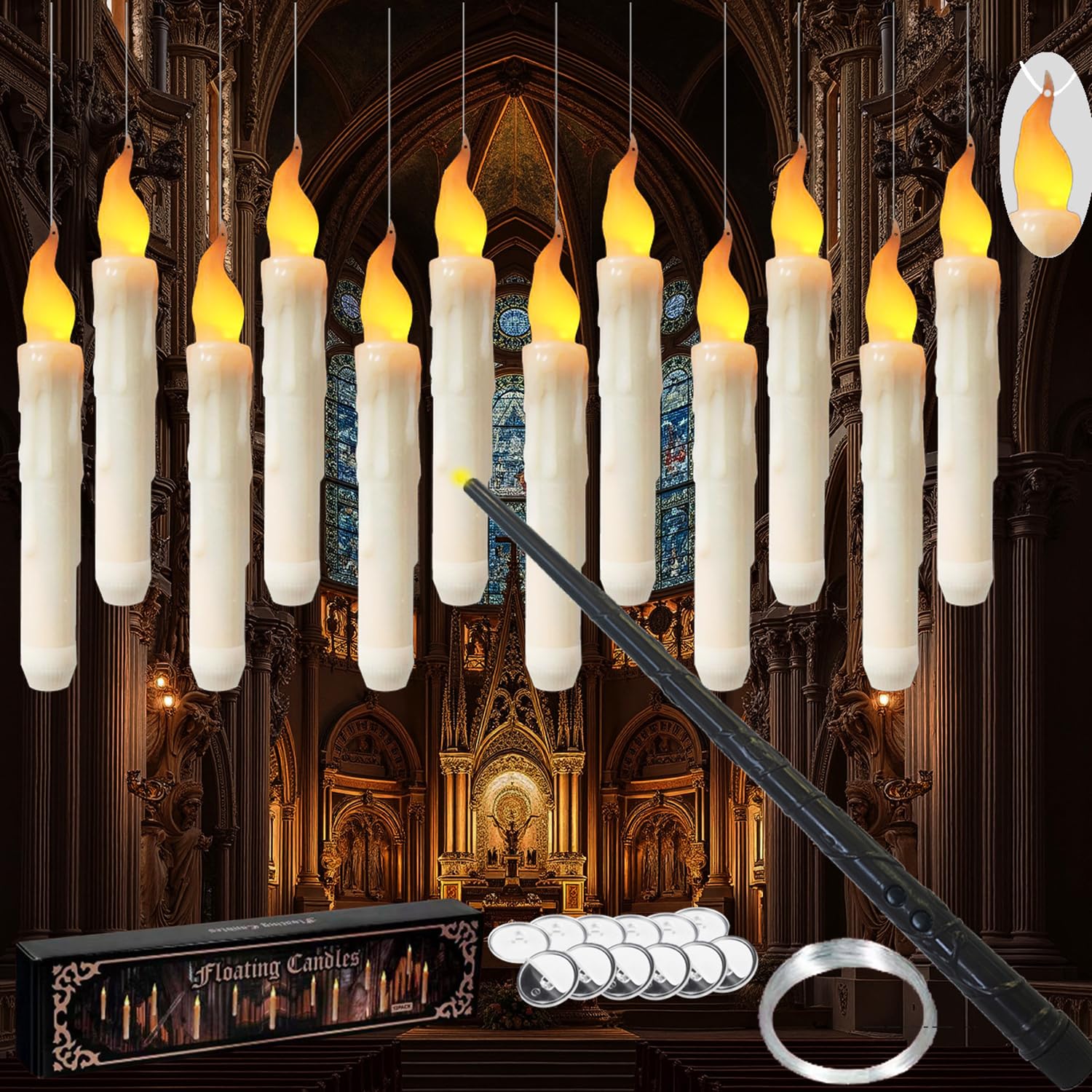 12Pcs Floating Candles with Magic Wand Remote, Hanging Flameless LED Candles, Battery Operated (Not Included) Flickering Taper Warm Lights for Halloween Christmas Party Home Garden Decor Gifts