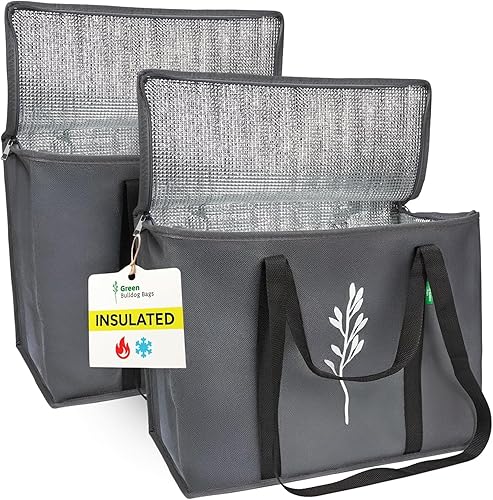 Green Bulldog Paquete de 2 Bolsas Aisladas para Comestibles – Bolsas Refrigeradoras Plegables Reutilizables con Asas para Uso Diario, Comestibles,