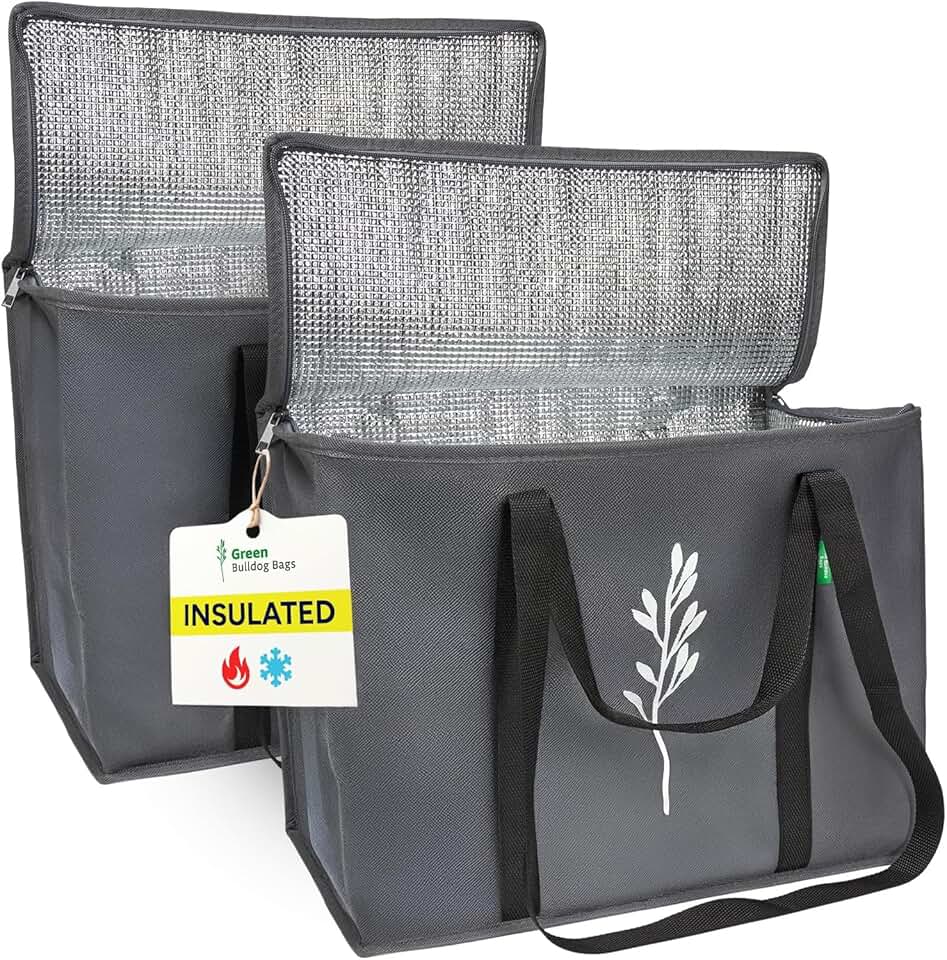 Green Bulldog 2Pack Insulated Grocery Bags – Foldable Reusable Cooler Bags with Handles for Everyday Use, Groceries, Food Delivery, and Shopping – 16”x9”x13”, Gray