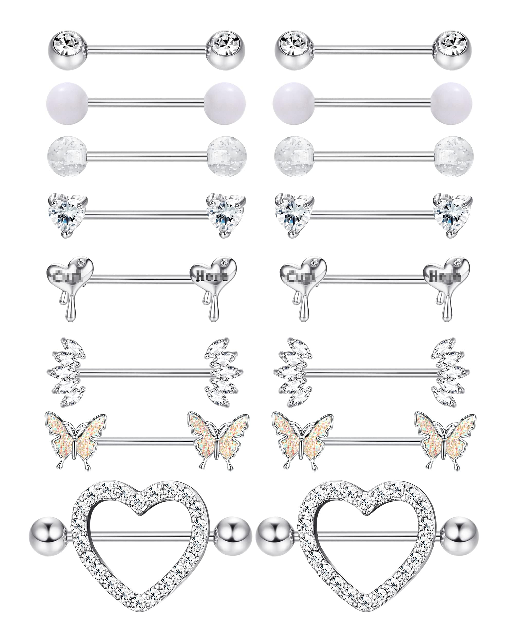 ADRAMATA 8 Pairs 14G Piercing Capezzolo Acciaio Chirurgico Capezzolo Piercing Set CZ Cuore Farfalla Capezzolo Anello con Catena Capezzolo Bar Lingua Piercing Corpo Piercing Gioielli Donna