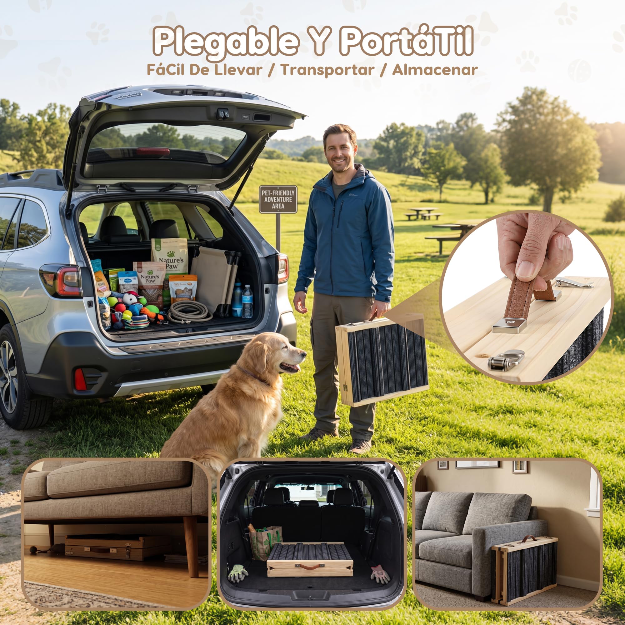 Rampa para Perros Plegable, 5 Alturas Ajustables, Madera Maciza