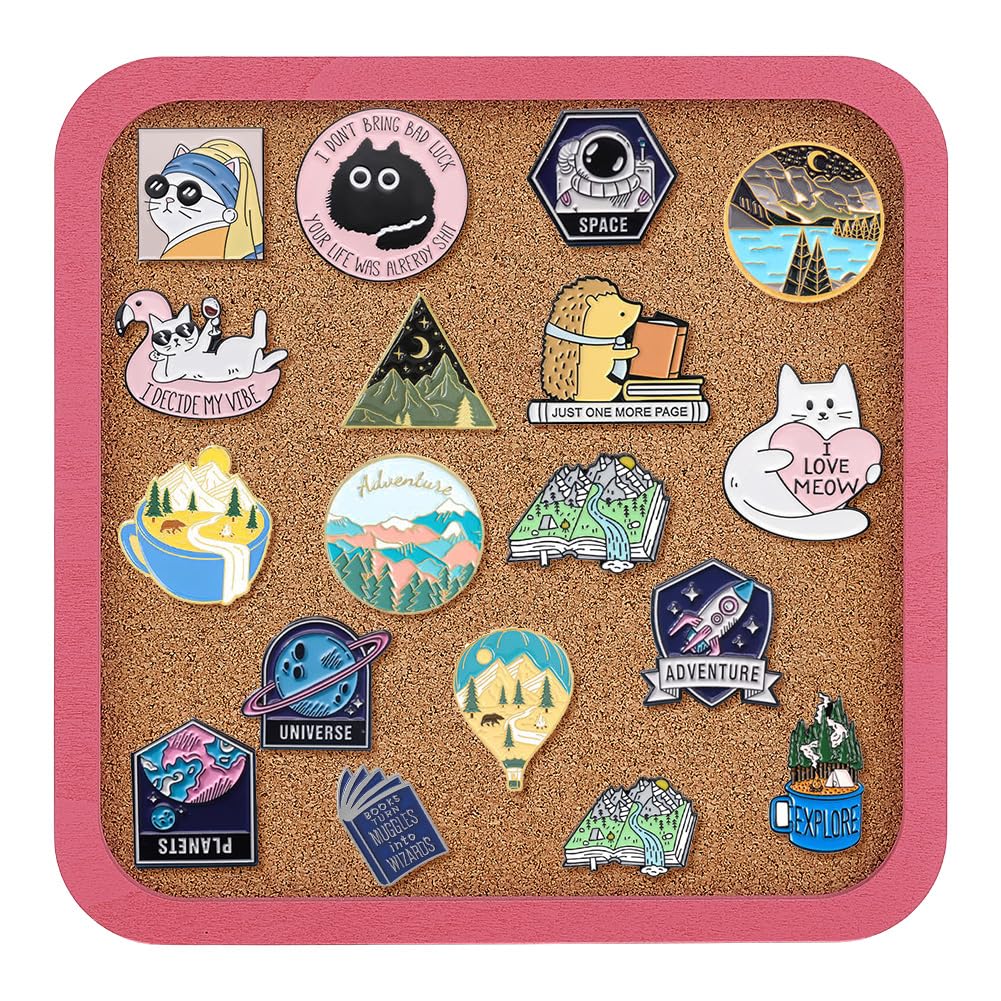 BENECREAT Square Cork Board, 7.87x7.87 Inch/20x20cm Bulletin Board Display Wooden Frame Pin Stand, Brooch Storage Organizer for Desktop Home Office Wedding Decor, Pink