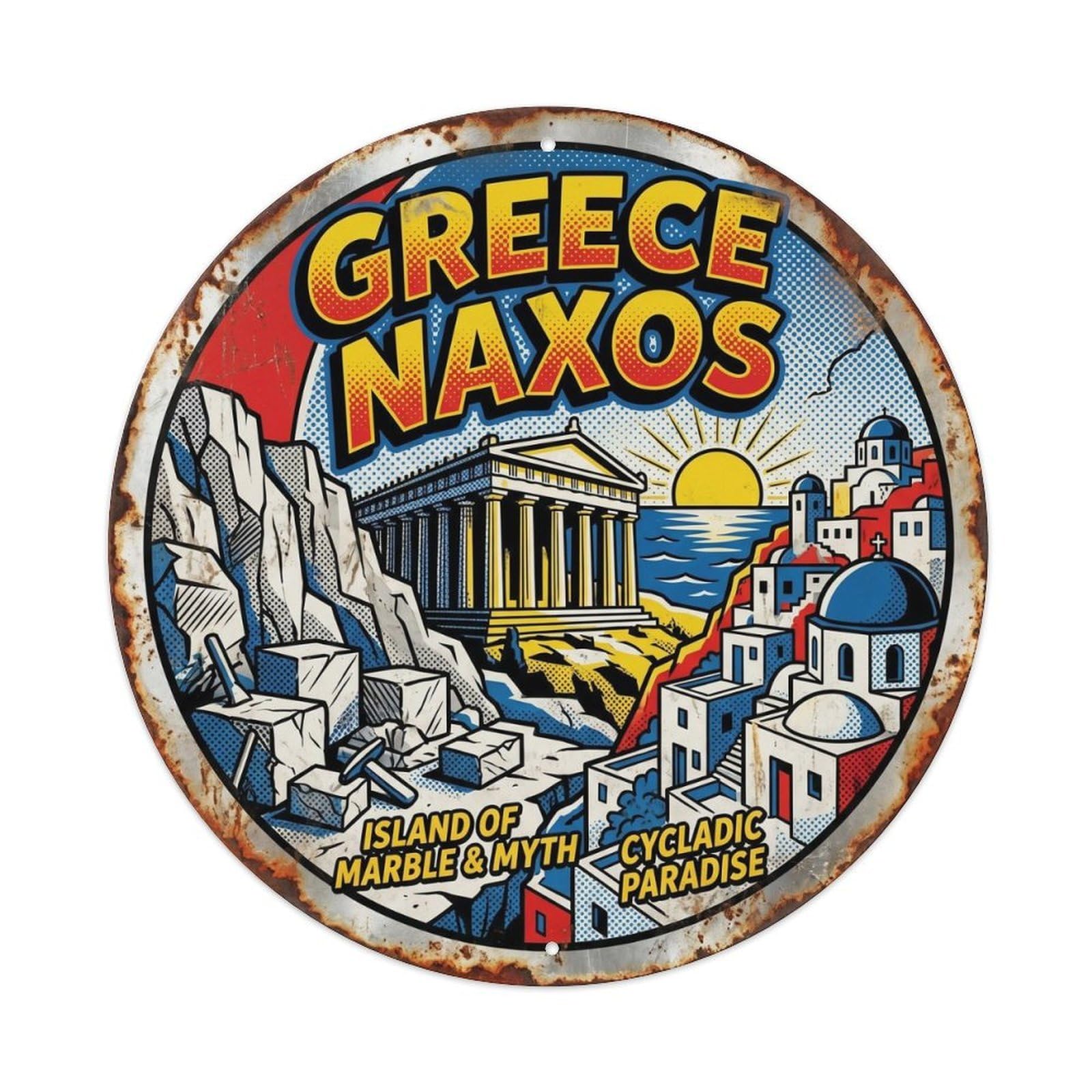 Naxos Stone Greek Pop Style Heritage Destination Metal Tin Sign Plaque Wall Decor for Cafe, Man Cave, Club Bar, Office, Home Garden Round Metal Poster 8x8Inch