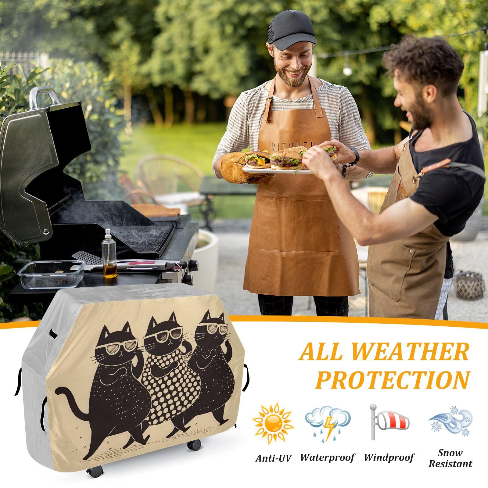 Urocze koty czarny brązowy pokrowiec na grill gazowy 150 cm, wodoodporne, wytrzymałe, odporne na blaknięcie i promieniowanie UV, pokrowce na wędzarnie z regulowanym sznurkiem na kurz i wiatr