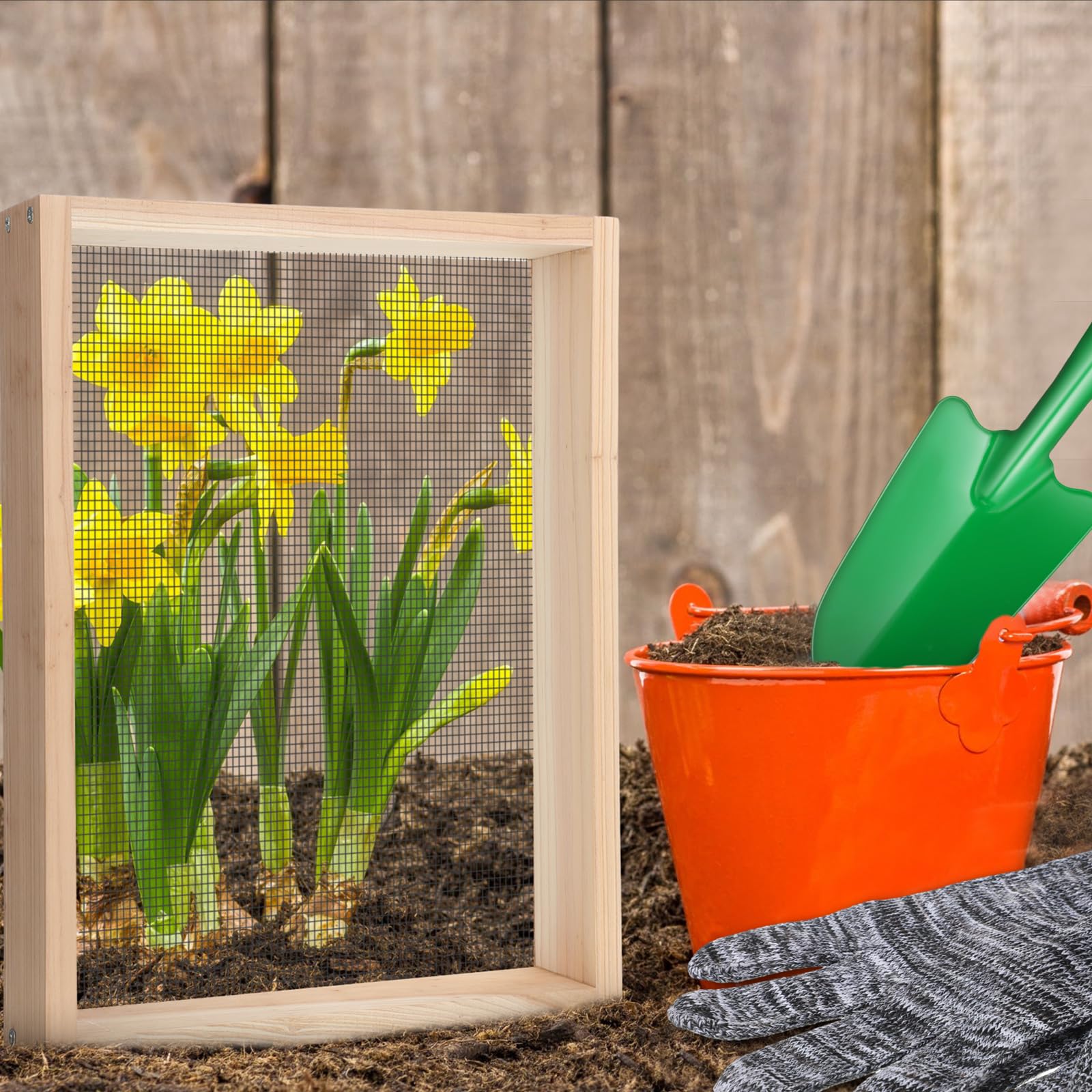 Therwen Juego de 2 tamices de tierra, tamiz de tierra, tamiz de tierra de madera, tamiz de compost, malla de 0.24 pulgadas con guantes y palas para plantas bonsái, macetas, verduras, hojas de arena,