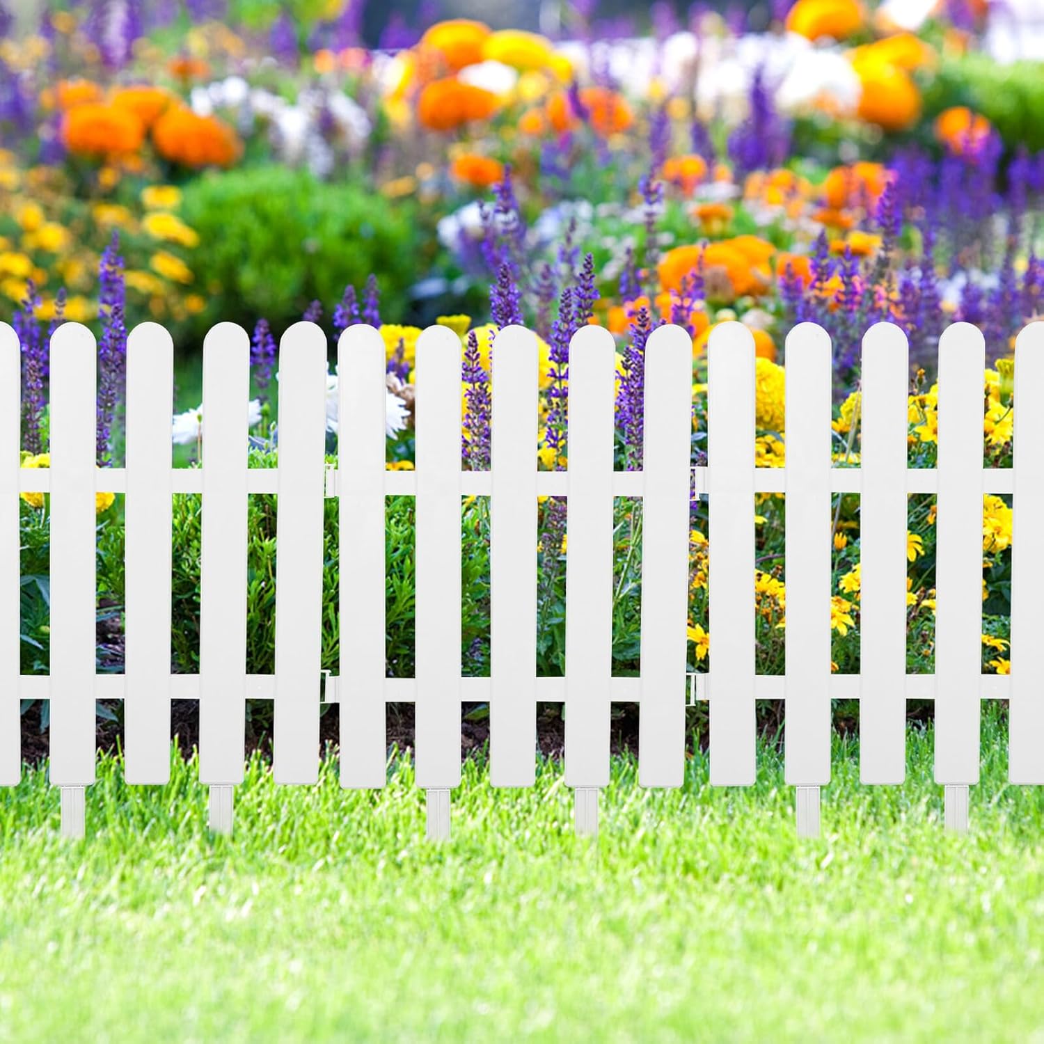 DOITOOL 4pcs White Plastic Garden Picket Fence Panels Decorative Lawn Edging Barrier for Flower Beds Yards and Balconies Easy Install No-Tool Assembly