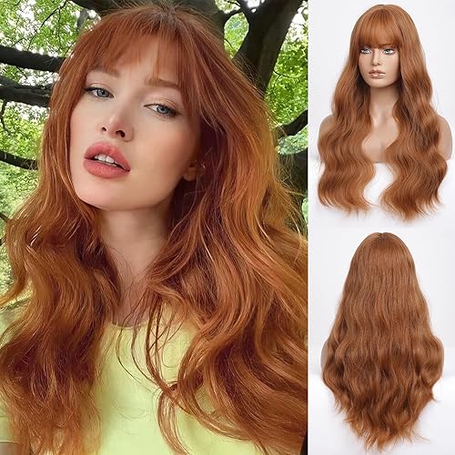 HAIRCUBE Orange Long Wavy Wig with Bangs Orange Auburn Wigs Natural Appearance Heat-Resistant Synthetic Wig Suitable for Fashionable Women 26Inch