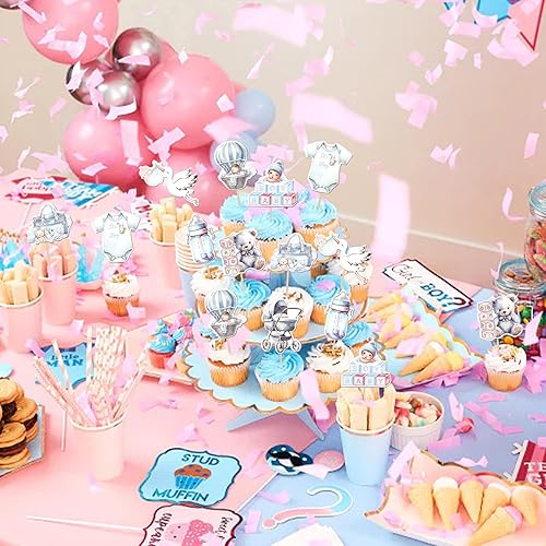 Miniatura 5 de 24 piezas de decoración para cupcakes para niños o niñas, pies con purpurina rosa o azul, pajarita, para revelación de género, decoración de