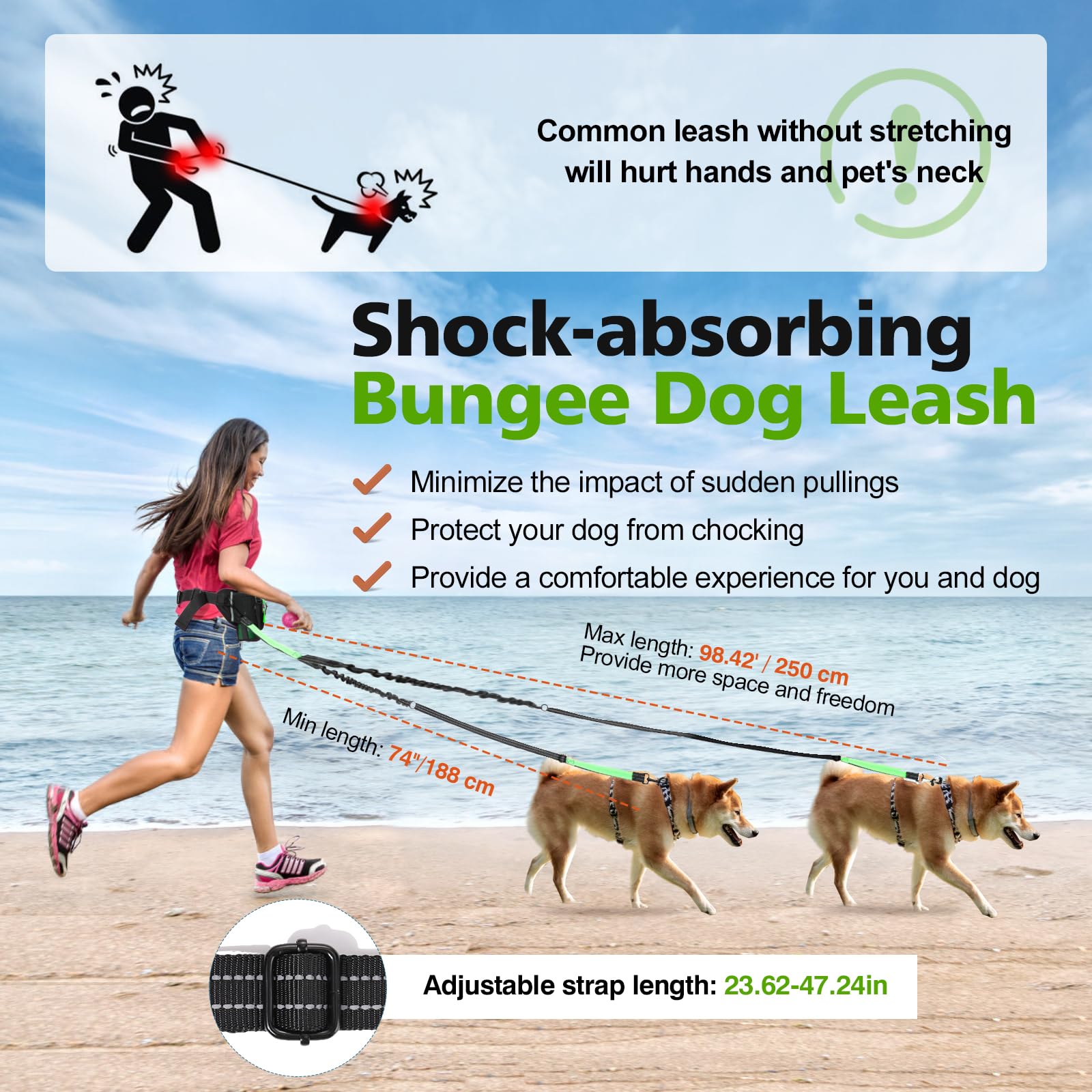Correa para Perros Manos Libres 2 Perros, Correa de Cintura Ajustable Pasear Perro con Doble Bungees Mango Acolchado, Correa Trotar Amortiguador de Manos Actividades al Aire Libre, Negro+Verde
