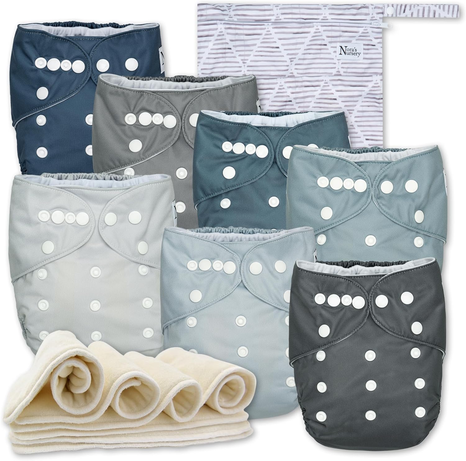 Nora’s Nursery Cloth Diapers 7 Pack with 7 Inserts & 1 Wet Bag – Waterproof Cover, Washable, Reusable & One Size Adjustable Pocket Diapers for Newborns and Toddlers – Out to Sea
