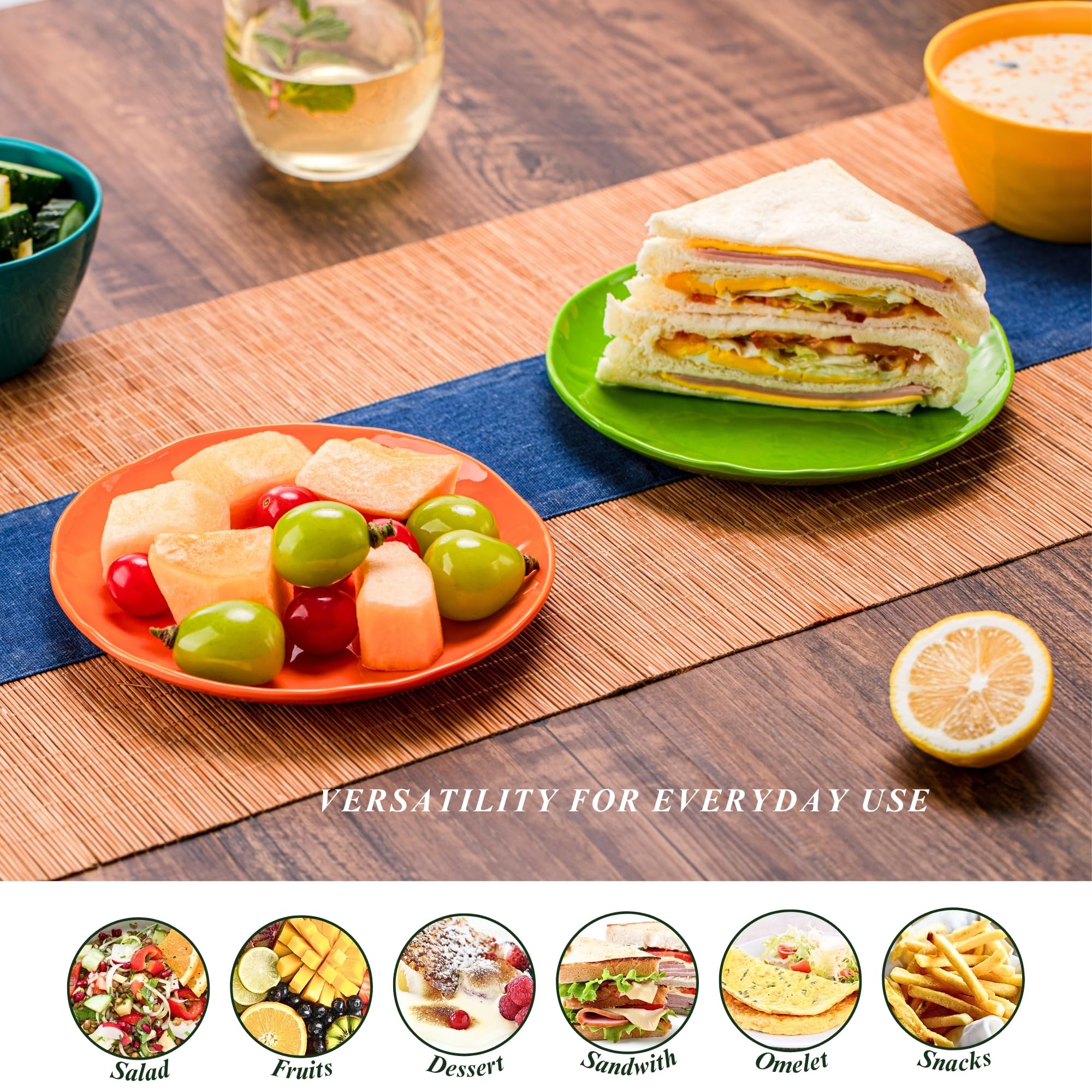 Platos de postre de melamina de 6.7 pulgadas (juego de 6) – Vajilla de plástico irrompible y reutilizable con sensación de cerámica, apilables y aptos para lavavajillas (multicolor)