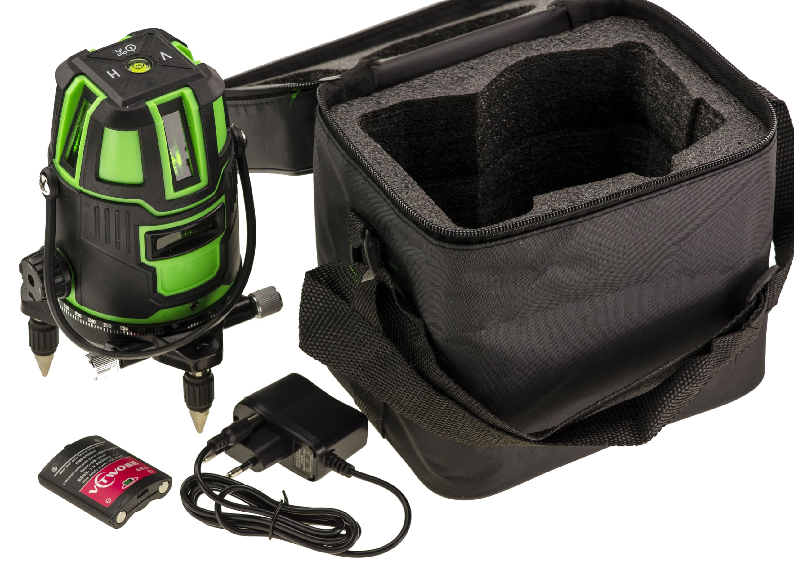 KALEA-INFORMATIQUE Nivel láser de base giratoria, 5 líneas verticales y horizontales, líneas verdes visibles en interiores y exteriores. Con 2 pilas y accesorios