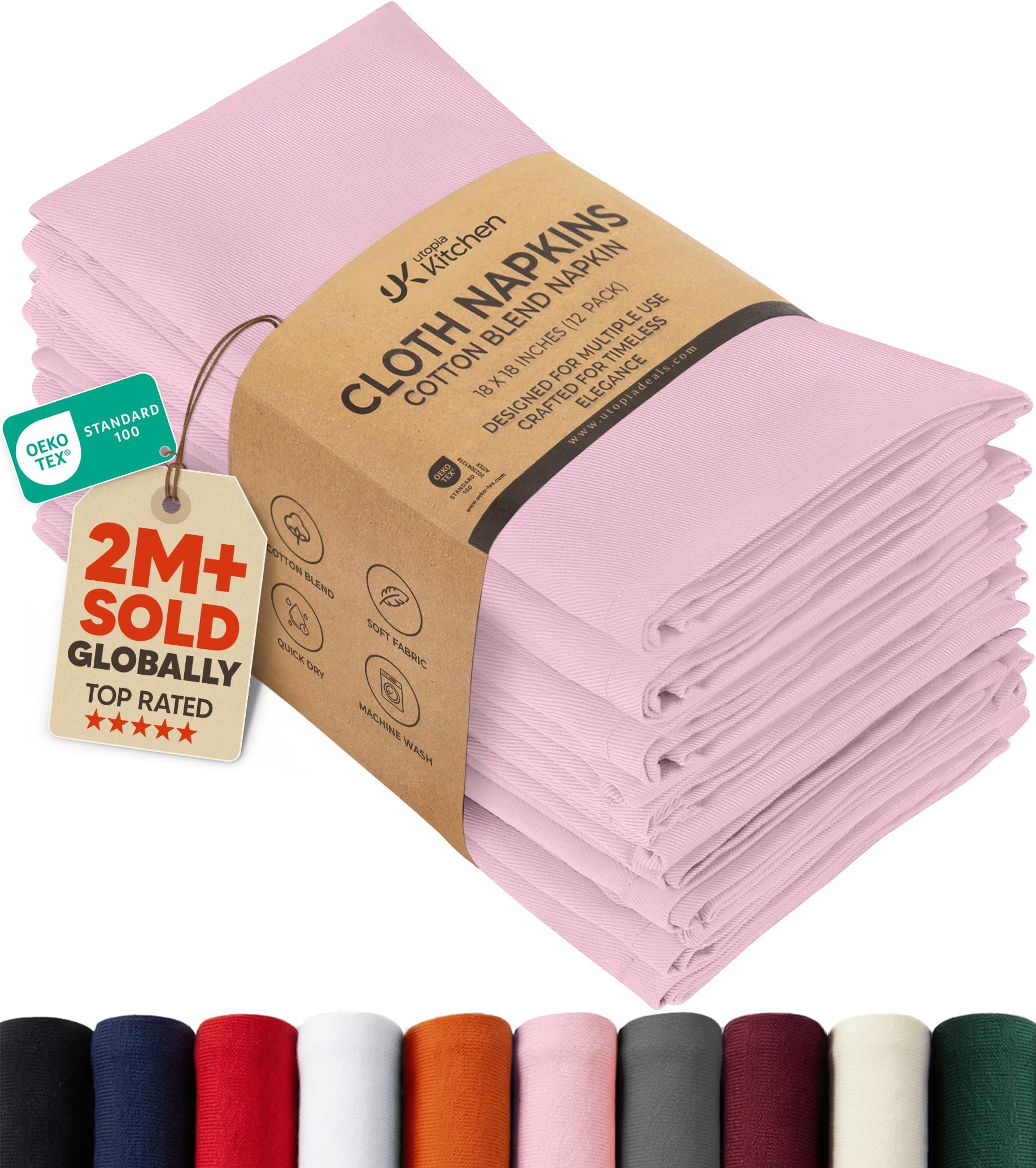 Utopia Kitchen Cloth Napkins [12 Pack] Cotton Blend Washable and Reusable Table Dinner Napkins for Hotel, Lunch, Restaurant, Weddings, Event and Parties (46 x 46 cm, Baby Pink)