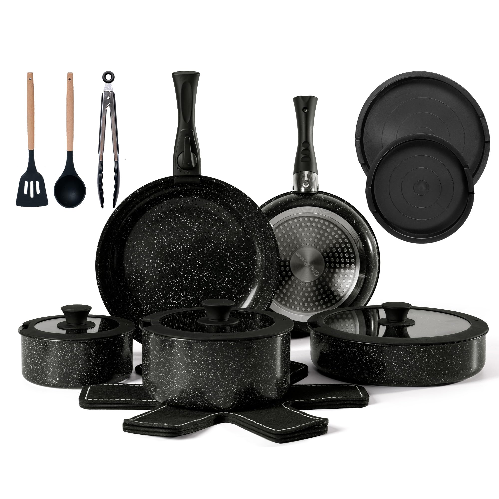 ChefPower - Set di pentole a induzione, antiaderenti, 19 pezzi, in ceramica, con manico staccabile, set di pentole da cucina con coperchio, adatto per tutti i piani cottura, adatto per camper, padelle