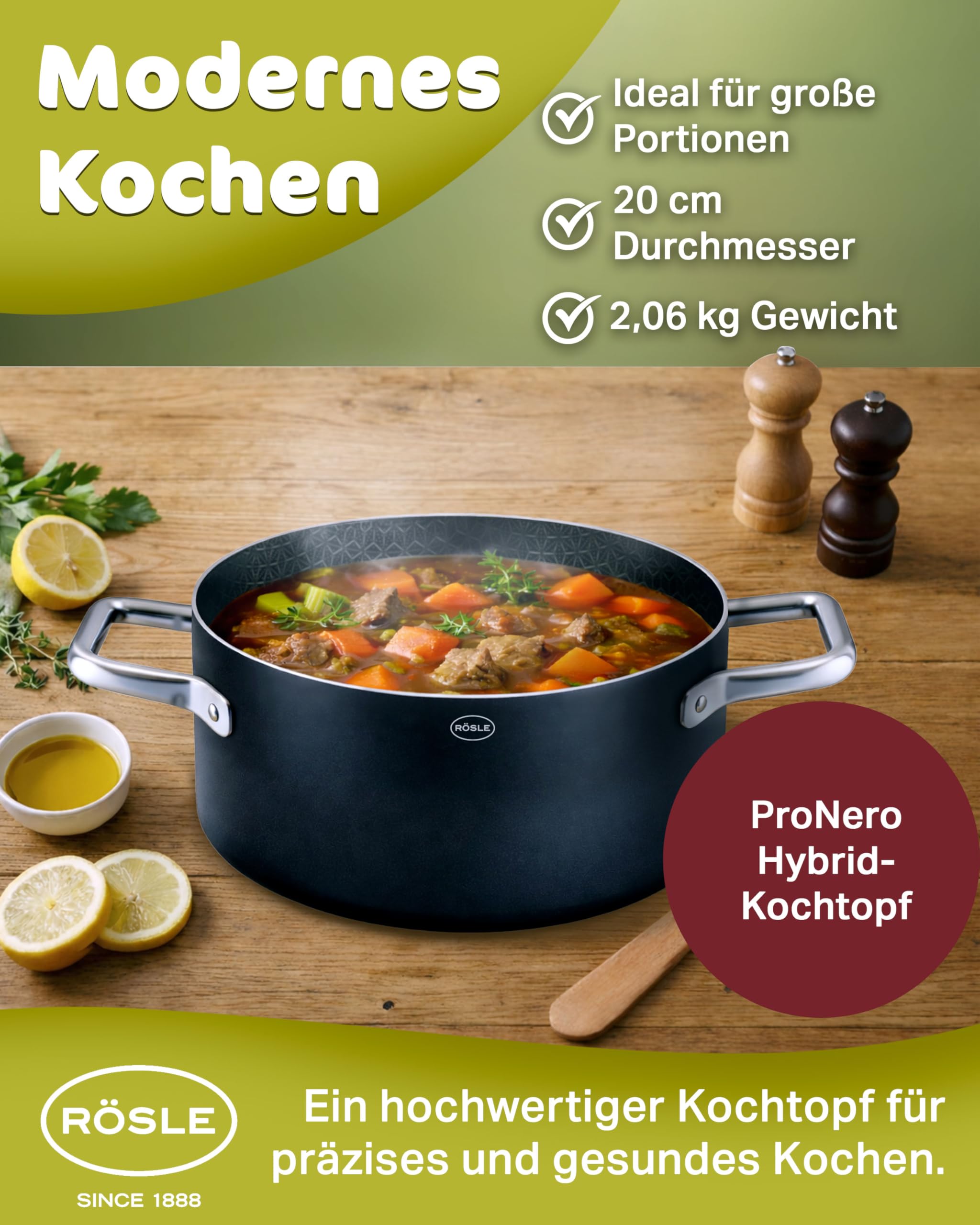 RÖSLE EBONIC Kochtopf 20 cm Induktion – Topf 20cm mit Deckel – ProNero Keramik Antihaftbeschichtung mit Edelstahl-Wabenstruktur – PFAS-frei – 3-Schicht Mehrschichtmaterial – für alle Herdarten
