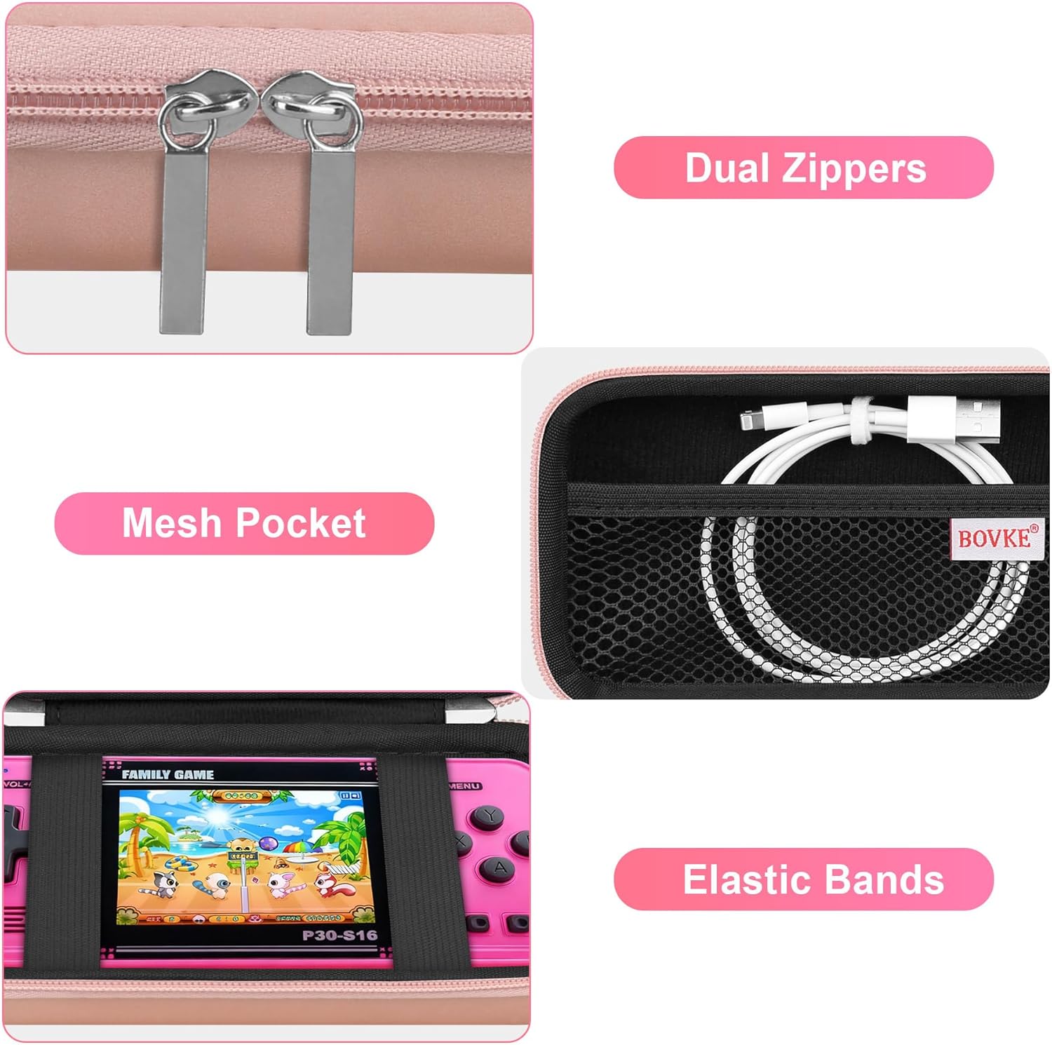 BOVKE Carrying Case for WELLST·G Handheld Game for Kids -Preloaded 220 Retro Video Games, Mini Arcade Electronic Toy for Boys Girls Portable Storage Organizer, Extra Mesh Pocket fits Cable, Rosegold - Image 3