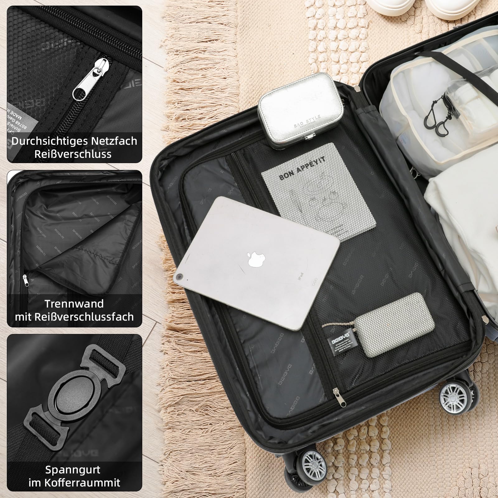 BEIBYE Reisekoffer 2088 Hartschalekoffer Gepäck Koffer Trolley Bordcase Handgepäck M in 14 Farben (Rosagold)