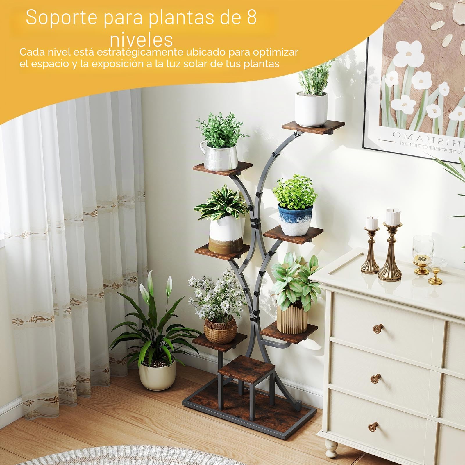 HOMASIS Soporte de Plantas con Luces de Crecimiento Ajustables y Temporizador, Estantería Alta de 8 Niveles, para Decorar, Oficina, Hogar, Esquina (146CM)