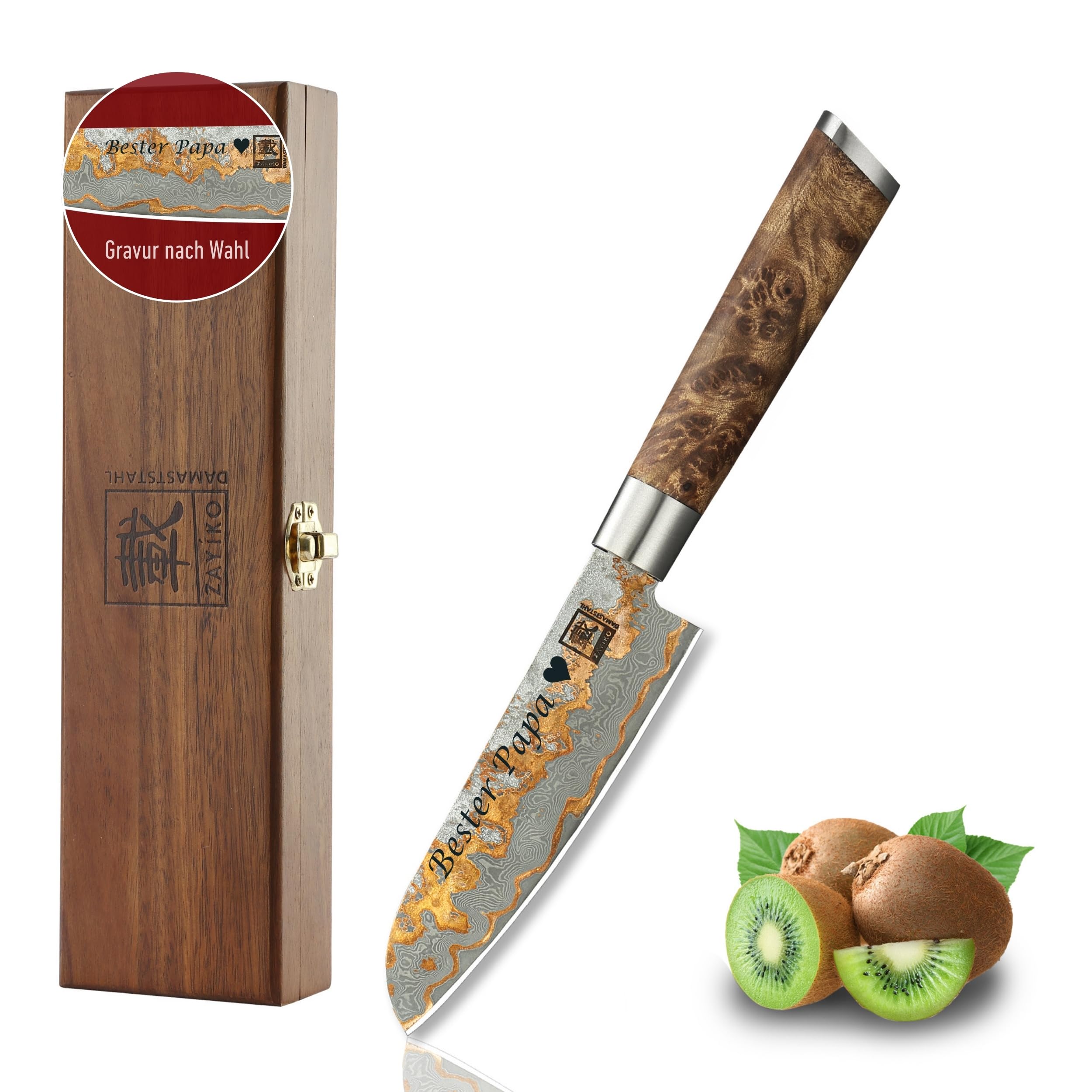 zayiko MysticMagma kleines Santokumesser mit Gravur – Personalisiertes Messer, 12 cm Damaststahl-Klinge, Kupfer- & Bronzeinlay, Ahornwurzelholzgriff – Messer mit Gravur personalisiert, Geschenkbox